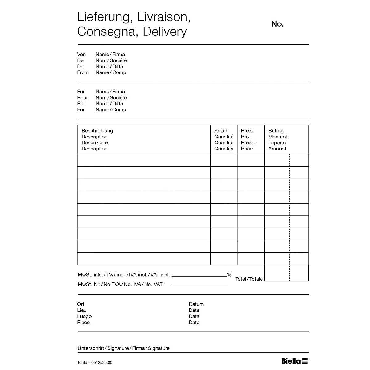 Un bon de livraison blanc avec des étiquettes multilingues : Lieferung, Livraison, Consegna, Delivery. Contient des lignes pour les noms, la description, la quantité, le prix et la signature.