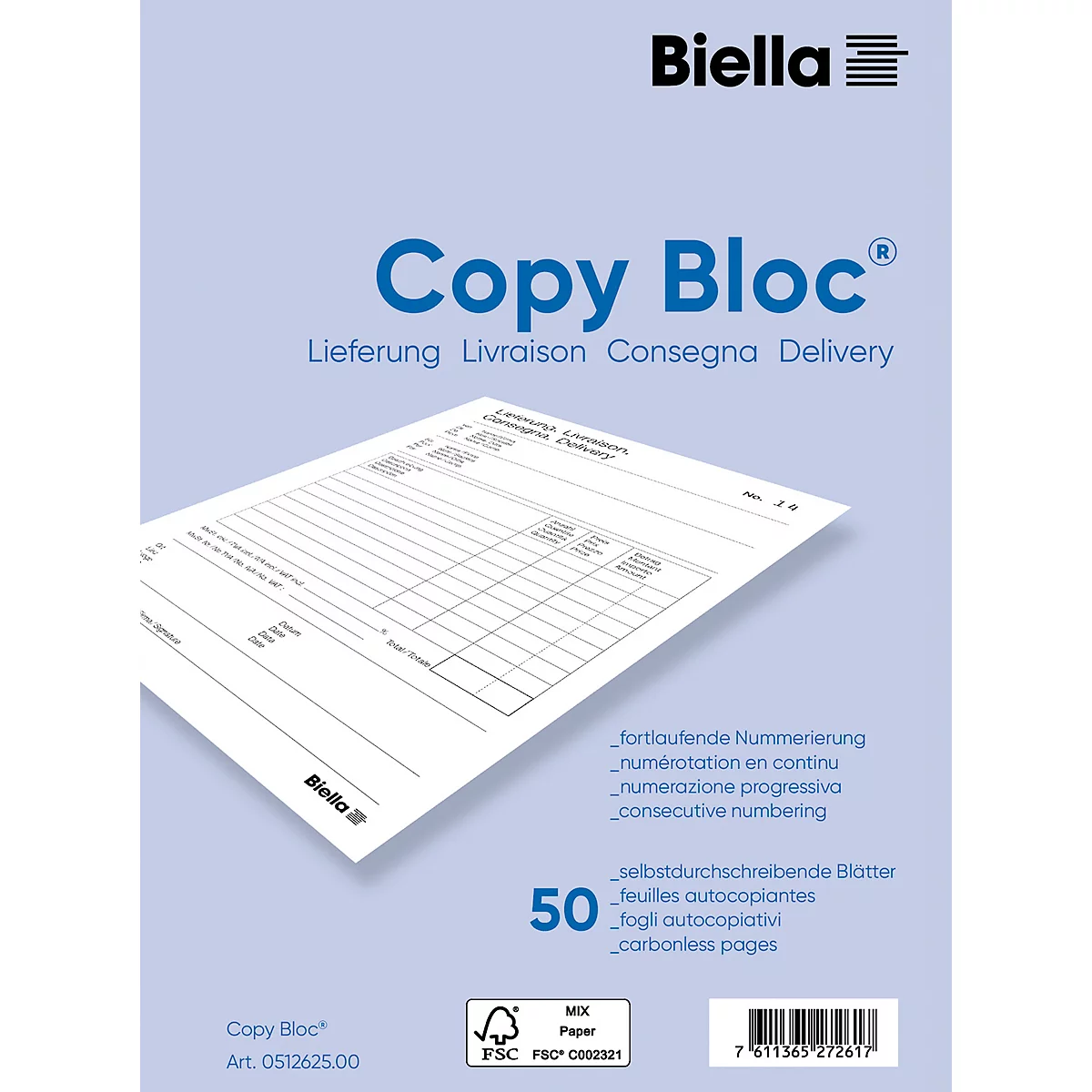Un paquet de papier Copy Bloc blanc avec l'impression Copy Bloc. En dessous, le numéro 50, ainsi que la police de caractères numérotation consécutive.