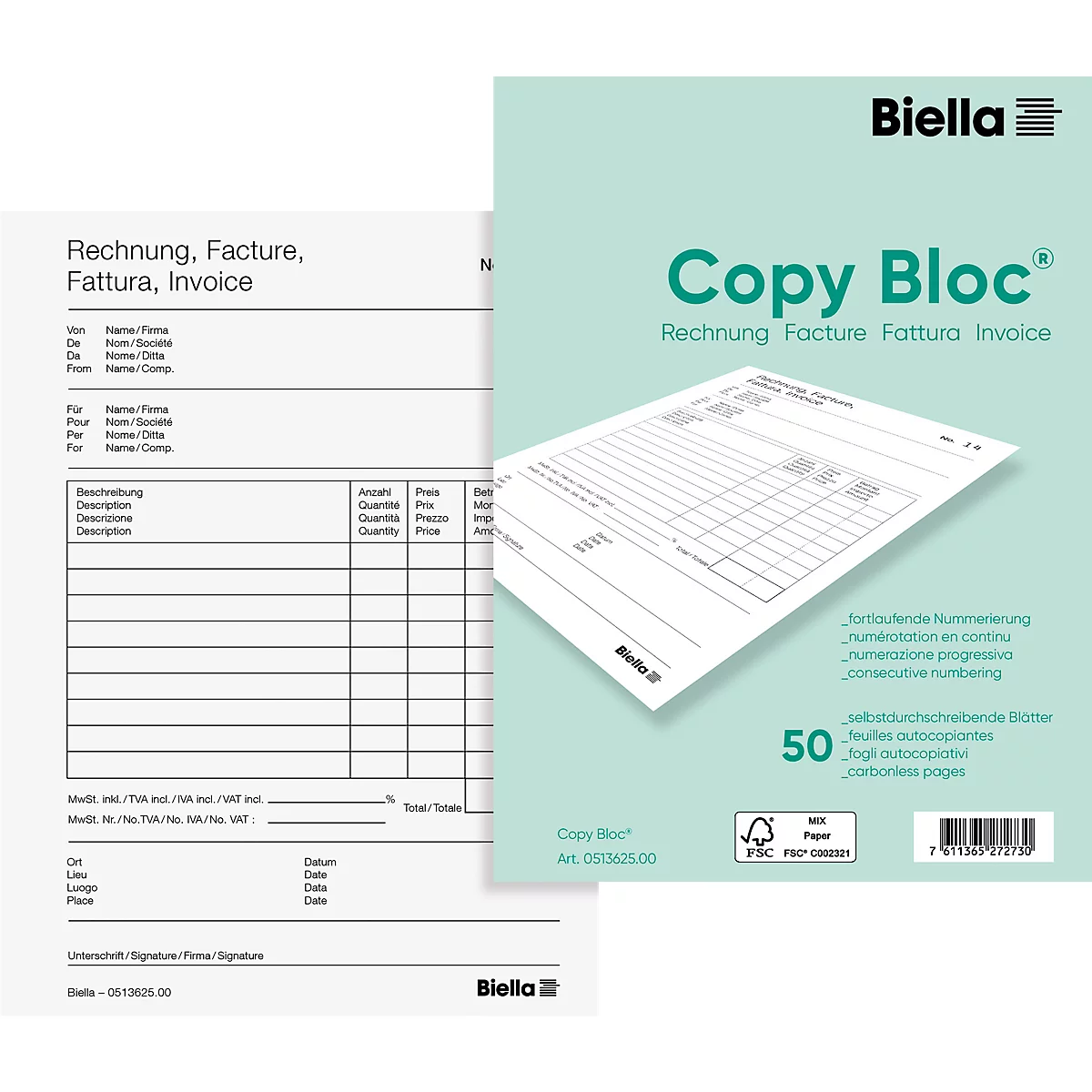 Deux blocs de papier, l'un avec facture et l'autre avec l'inscription "Copy Bloc".