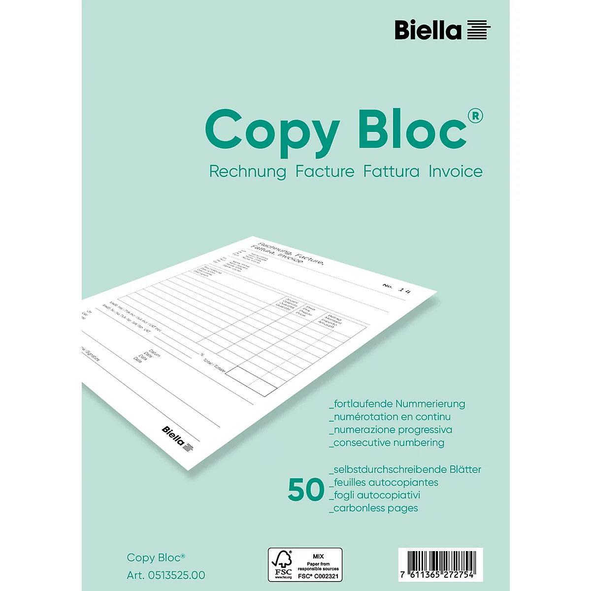 Bloc de copies blanc avec formulaire de facture. Le titre vert se lit : Copy Bloc. En dessous les mots Rechnung, Facture, Fattura, Invoice.