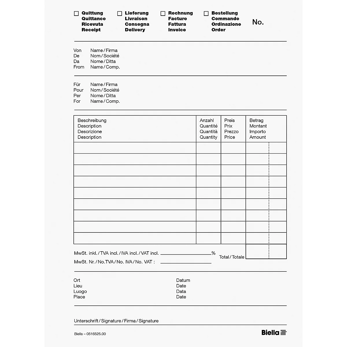 Formulaire pour reçu, livraison, facture ou commande avec des en-têtes multilingues, avec des colonnes et des champs vierges.