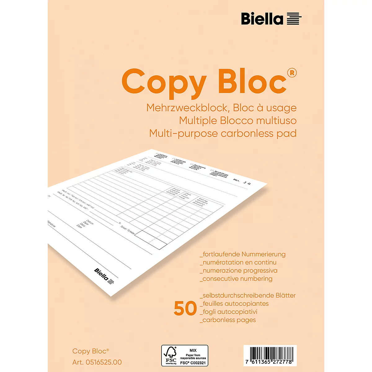 Un bloc-notes Copy Bloc blanc avec du texte orange, sur un fond clair. Comprend du texte et des logos de Biella.