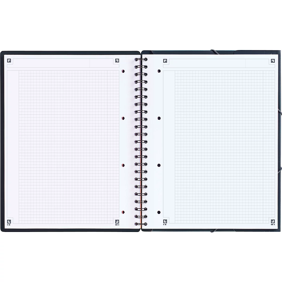 Cahier quadrillé ouvert avec couverture noire et reliure spirale.
