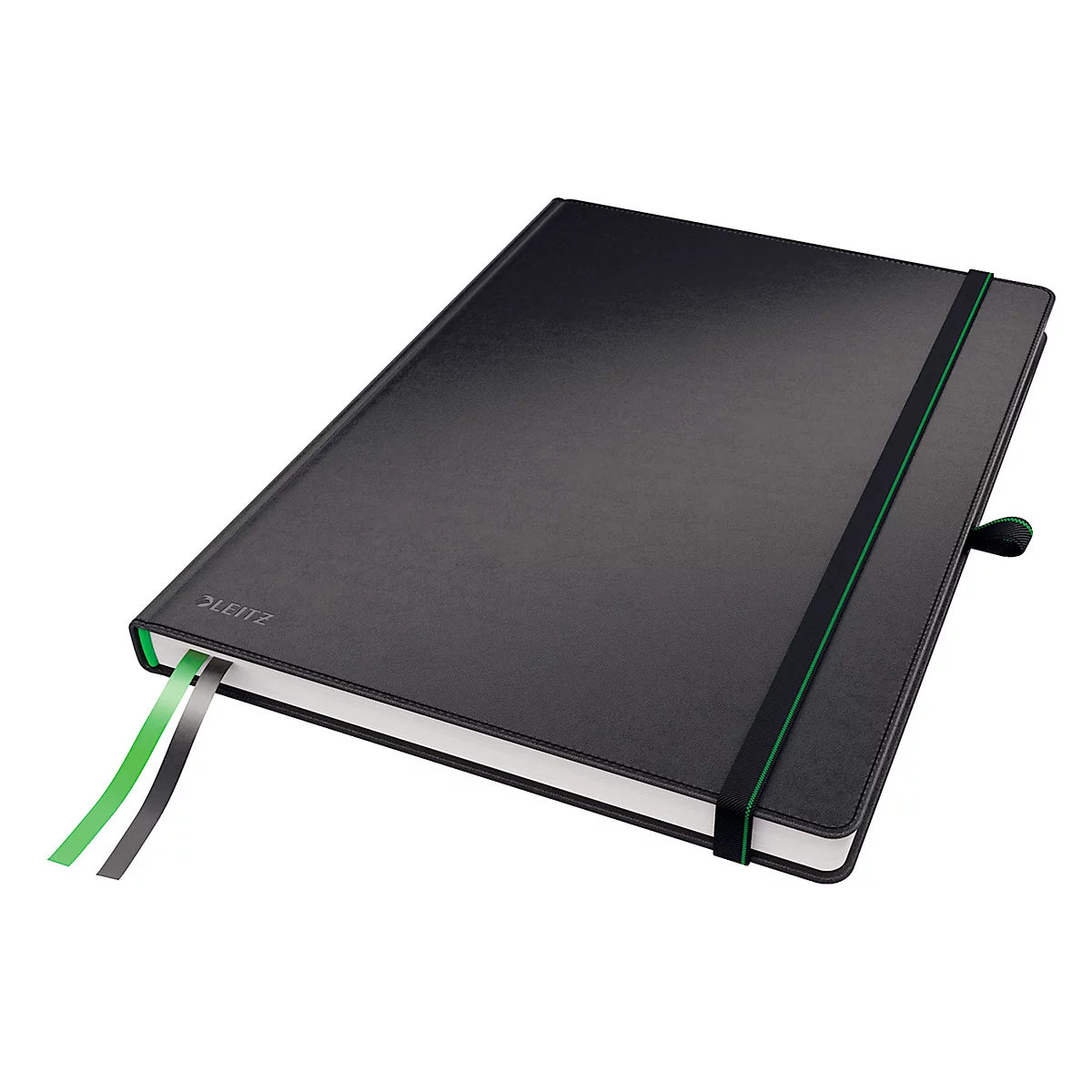 Cahier noir avec élastique, marque-pages et logo 'LEITZ'. Rubans de signet verts et gris.