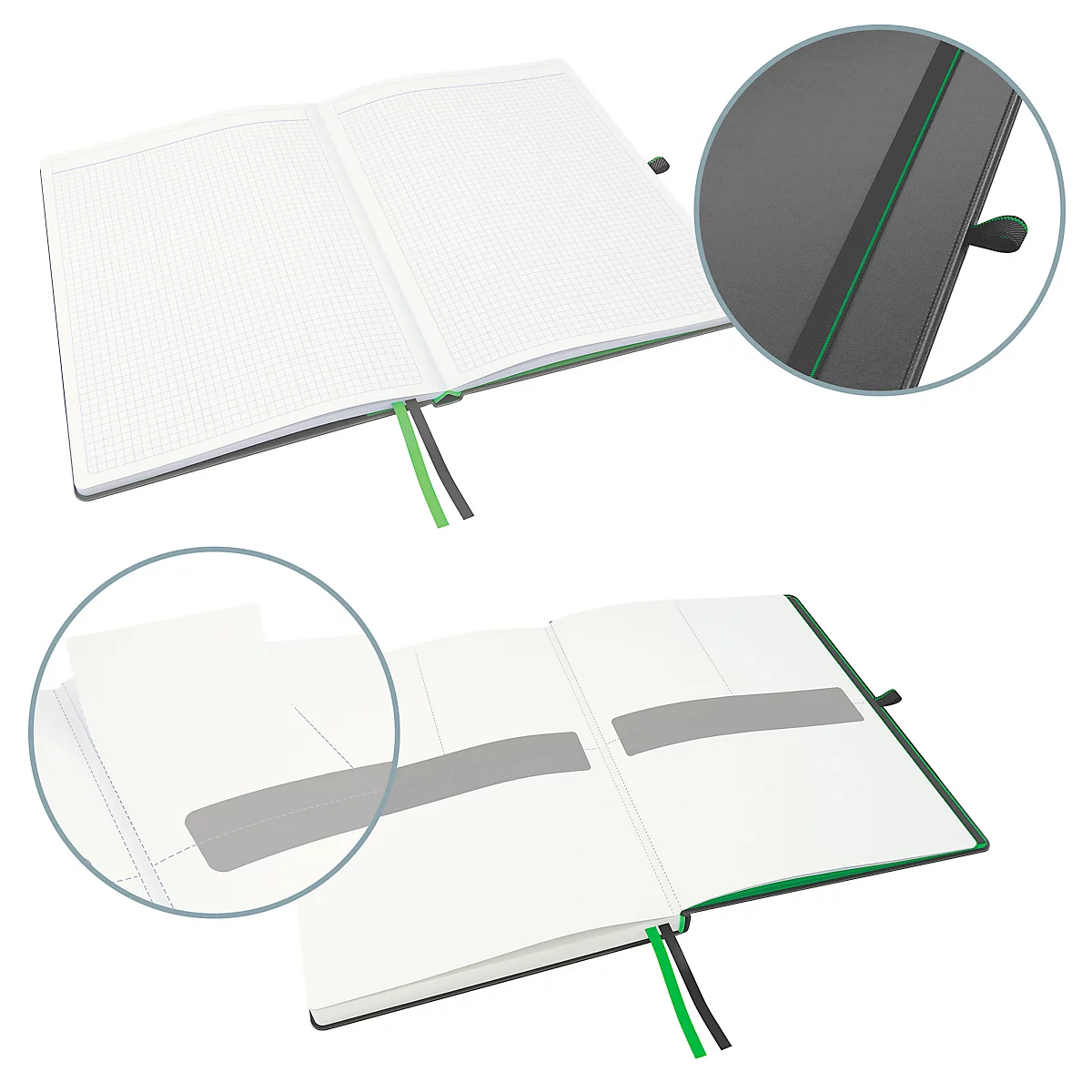Carnet ouvert, couverture grise, rubans verts et gris, vue détaillée du dos avec élastique.