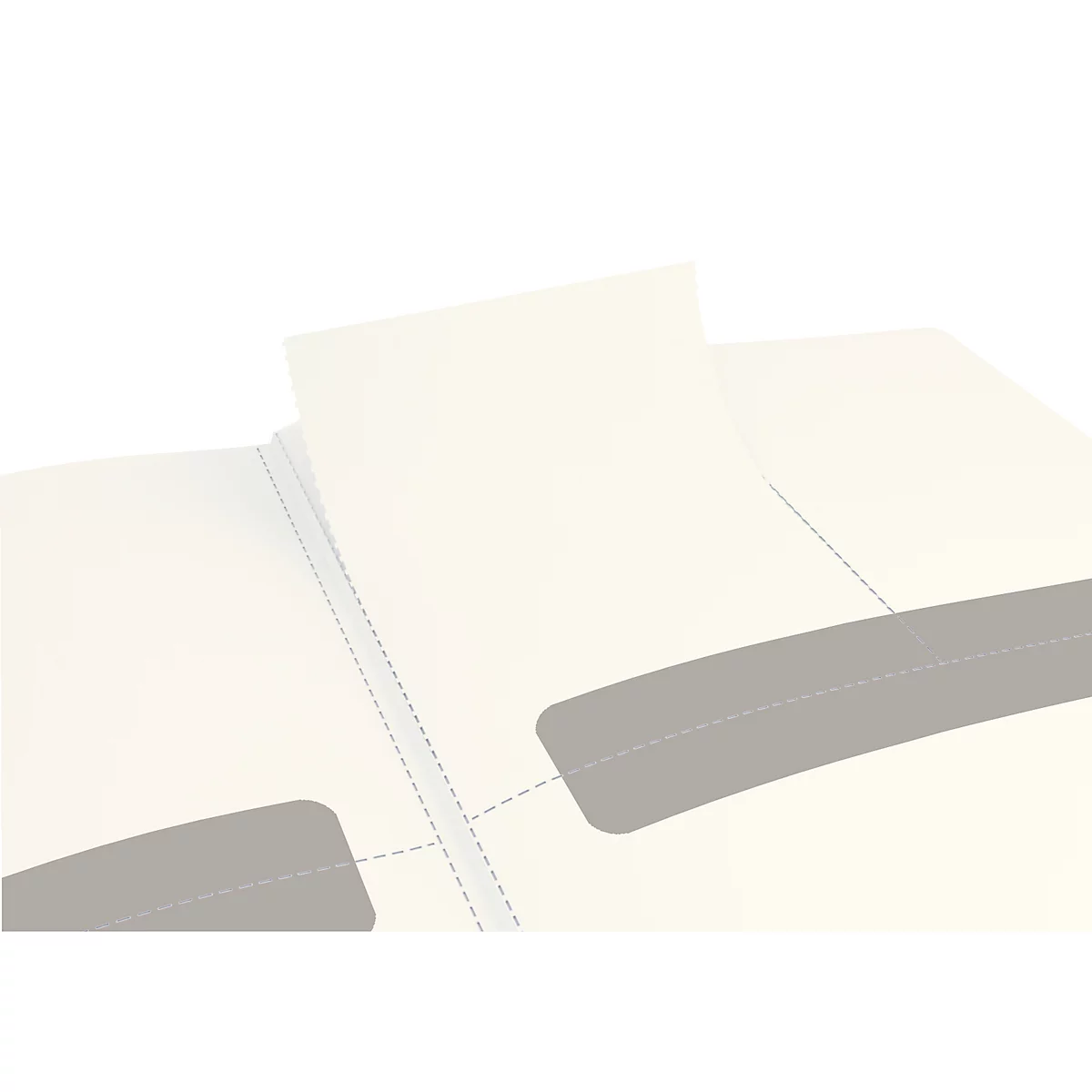 Dossier crème ouvert avec des découpes de fenêtre grises. Une feuille de papier dépasse du milieu.