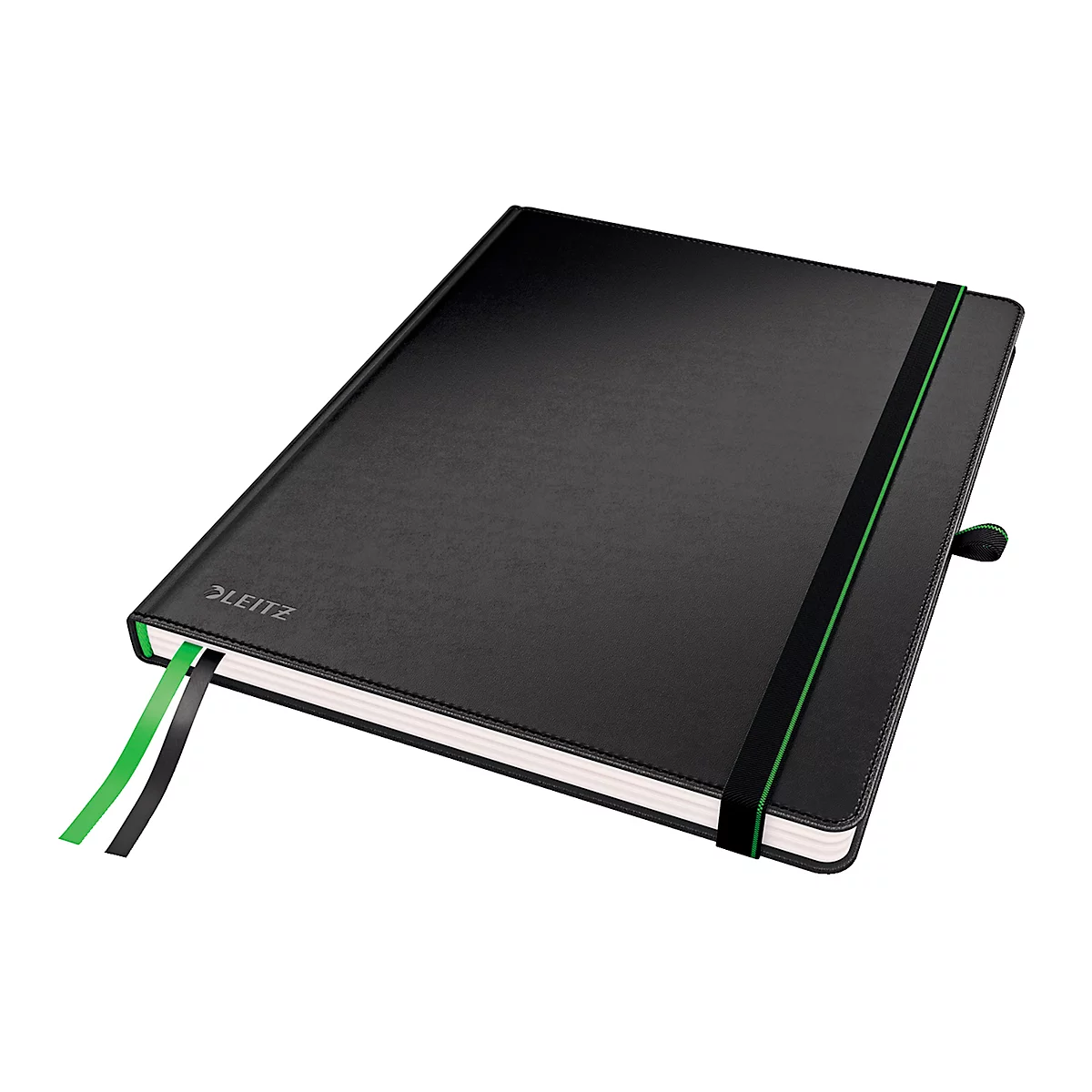 Carnet noir avec élastique et signets. Le couvercle indique LEITZ.