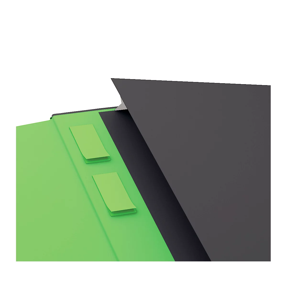 Fragment d'un produit : fond vert, deux post-it verts et un élément noir qui s'élève vers le haut.