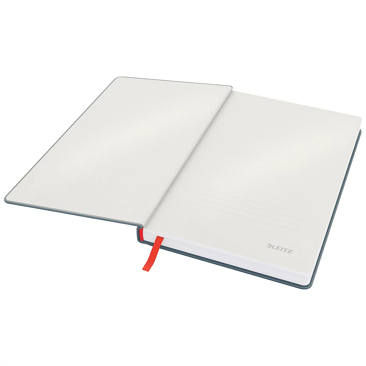 Cahier ouvert avec des pages claires, un signet rouge et des couvertures grises, étiqueté Leitz.