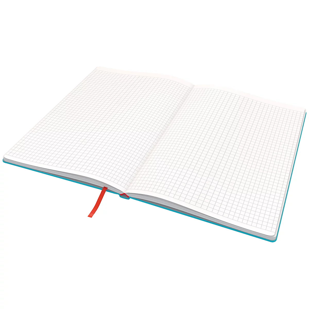 Cahier ouvert avec pages quadrillées, couverture bleu clair, marque-page rouge.
