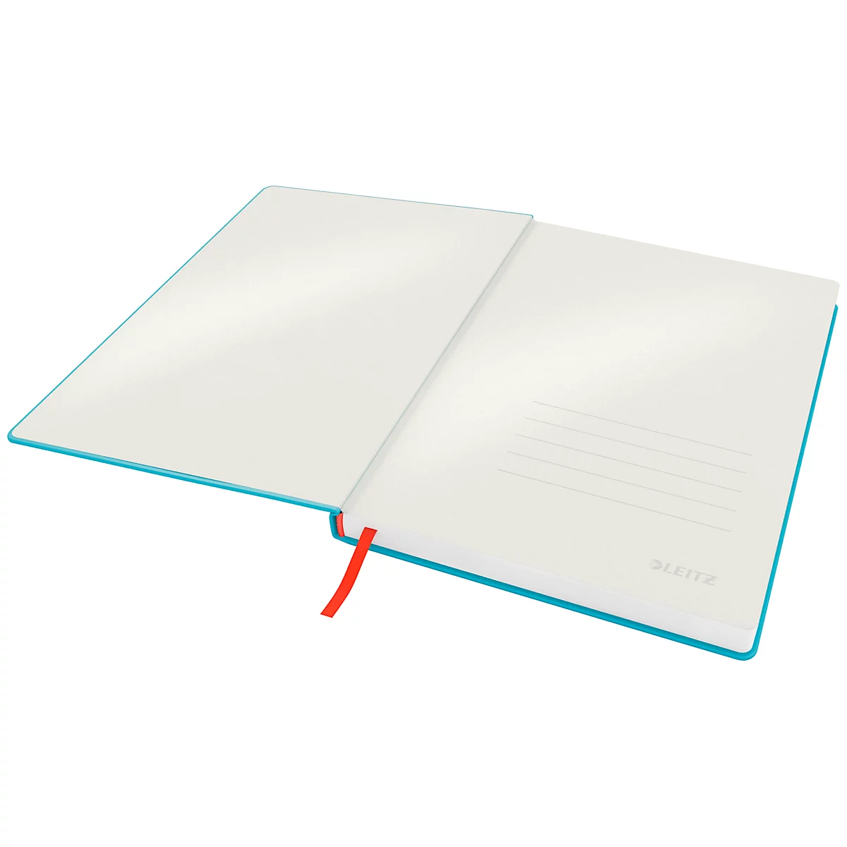 Cahier turquoise ouvert. Pages blanches ouvertes, signet rouge.