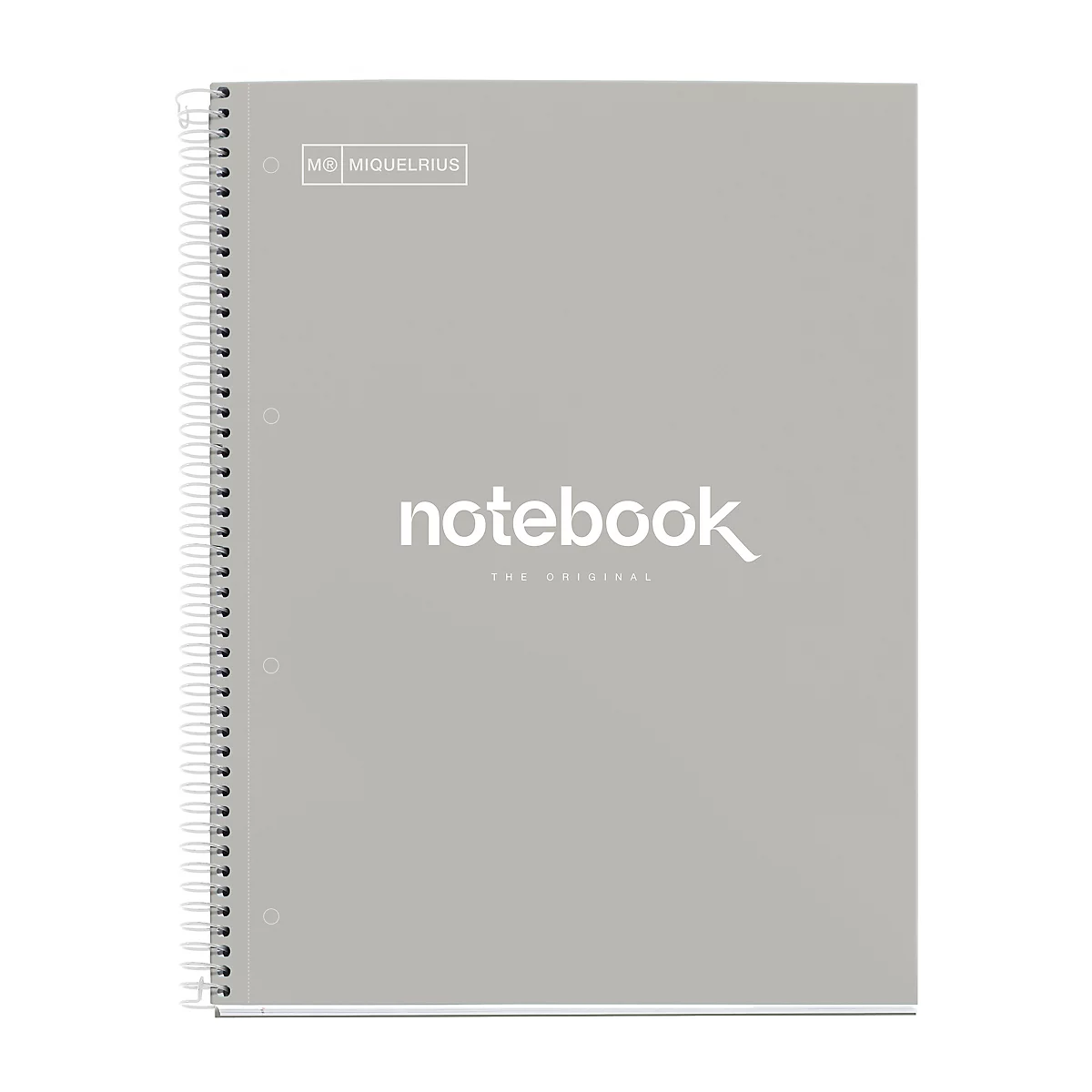 Cahier gris avec reliure à spirale blanche et le mot "notebook" en lettres blanches.