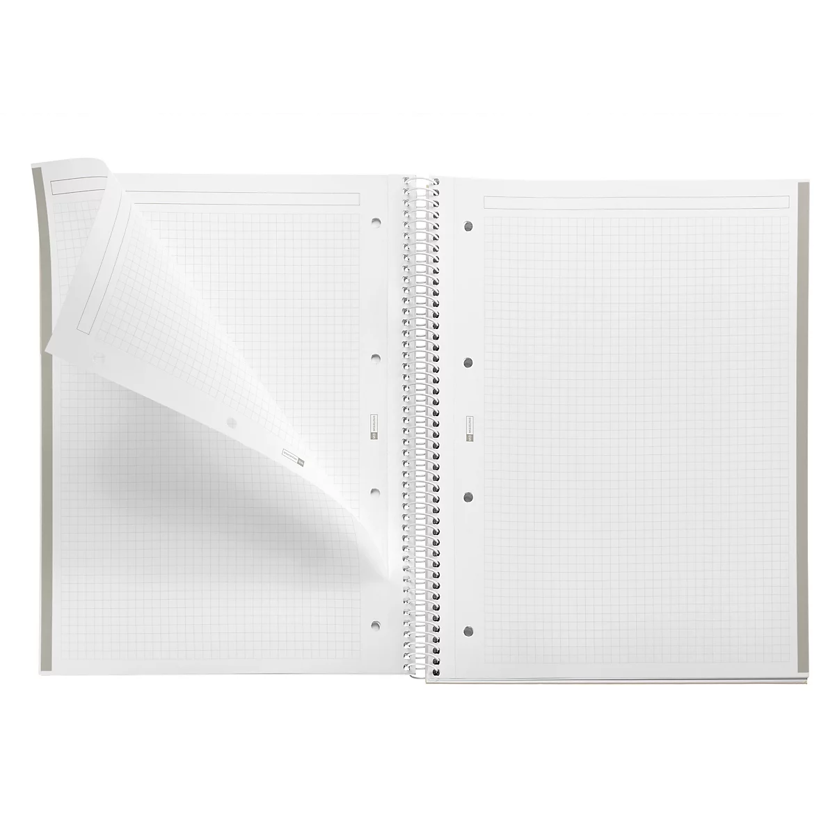 Un cahier ouvert, blanc, ligné en grille avec une page repliée vers le haut. La reliure en spirale est visible.