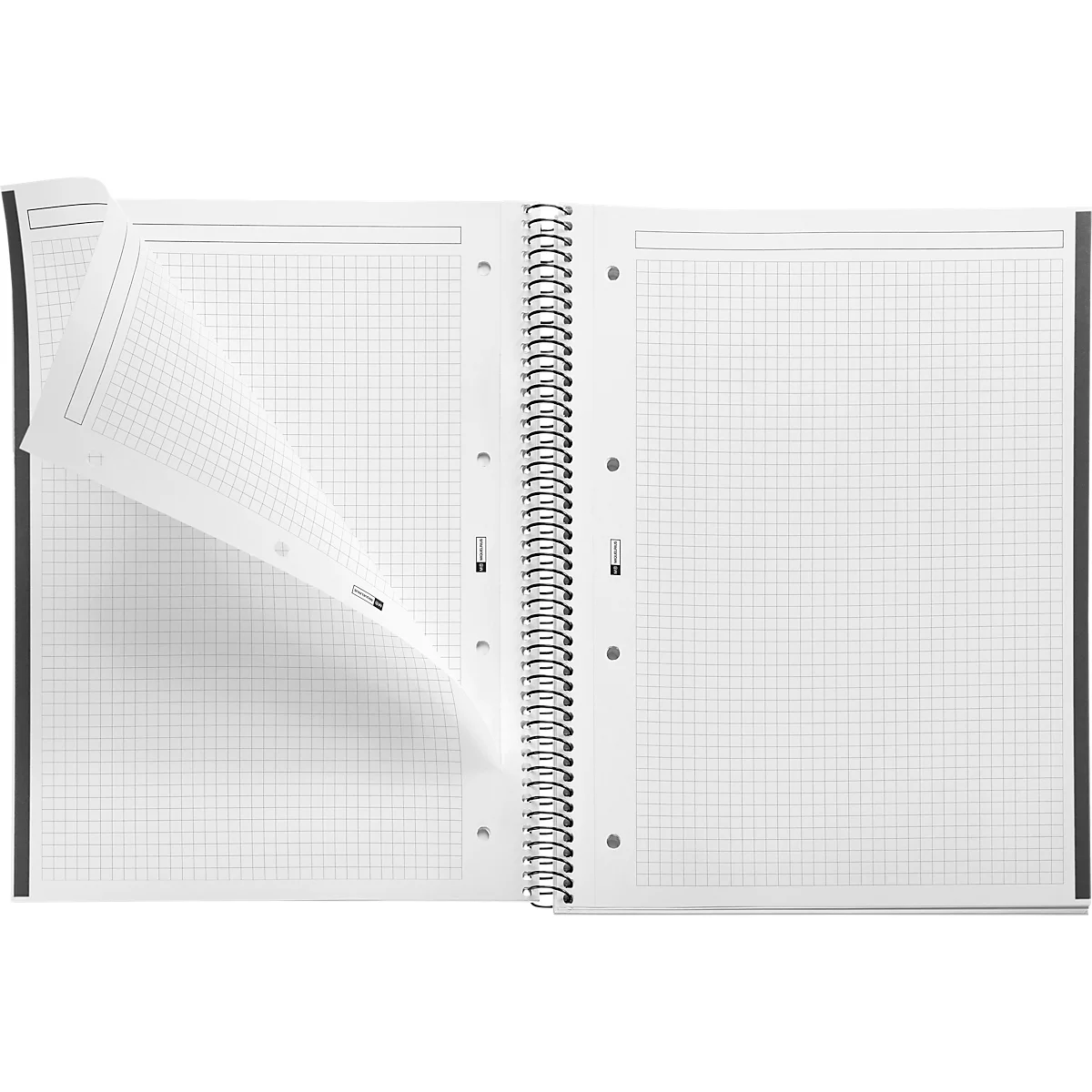 Cahier ouvert avec des pages quadrillées, une page est en train d'être tournée. La reliure spirale est au milieu.