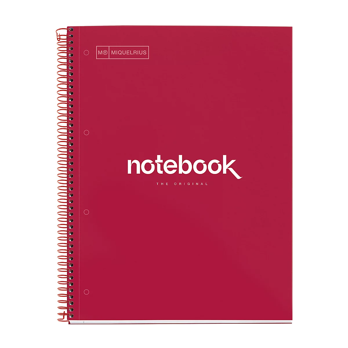 Cahier rouge avec reliure à spirale et texte blanc : "notebook".