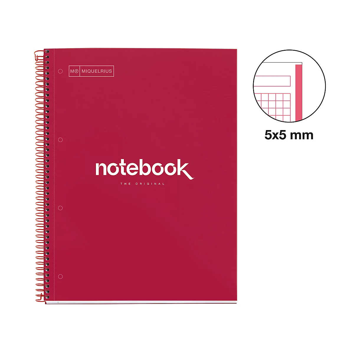 Cahier rouge à spirales. Texte blanc 'notebook'. Dans un cercle : détail du papier quadrillé.