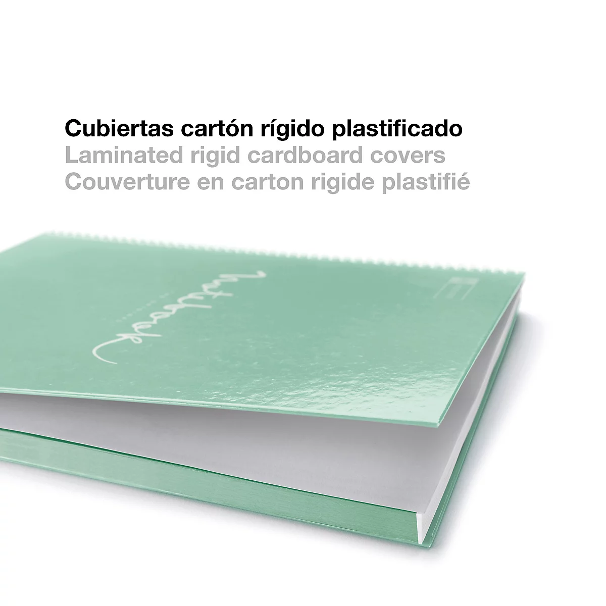 Cahier vert clair, brillant, avec le texte : 'notebook'.