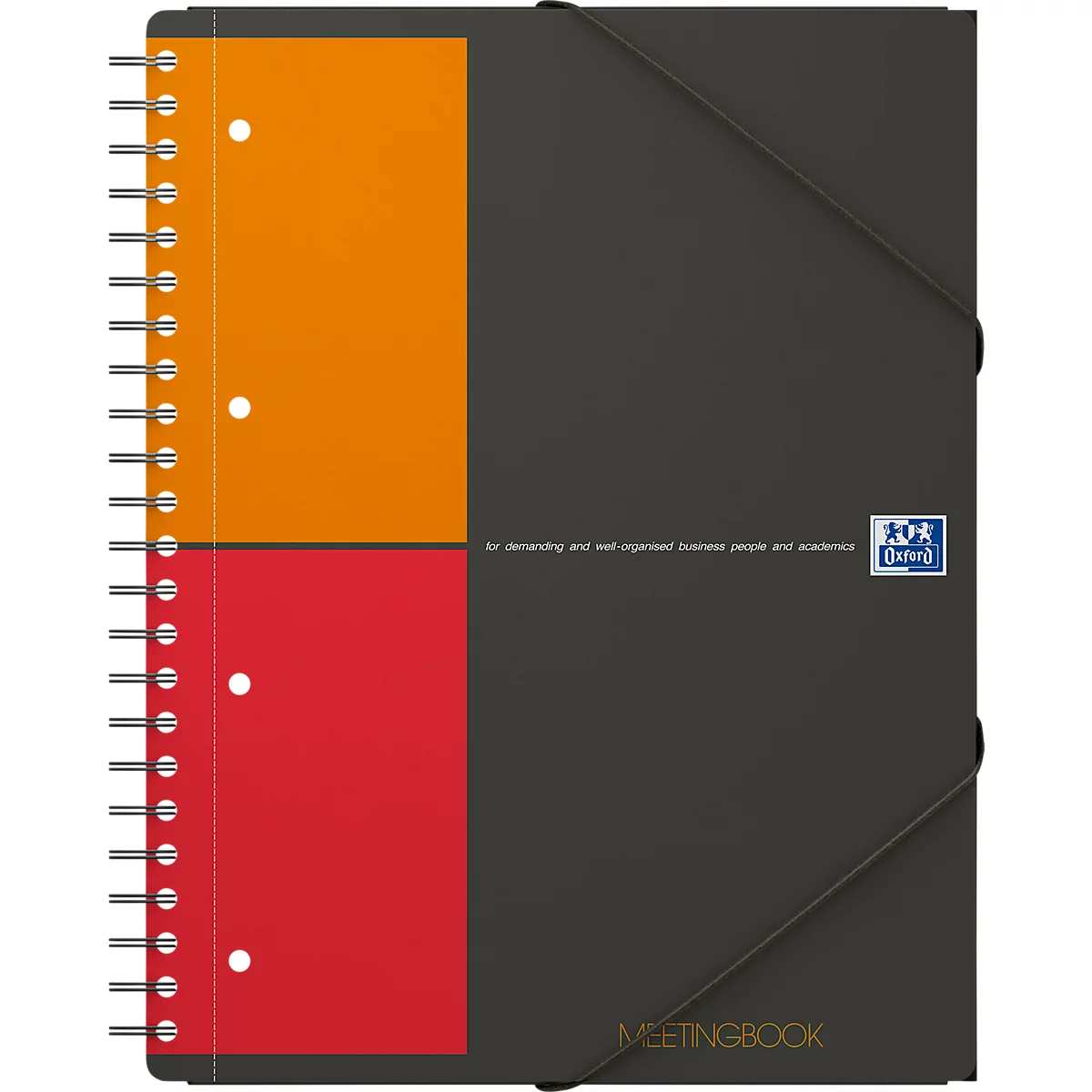 Oxford Meetingbook noir avec papier orange et rouge, reliure spirale, élastique.