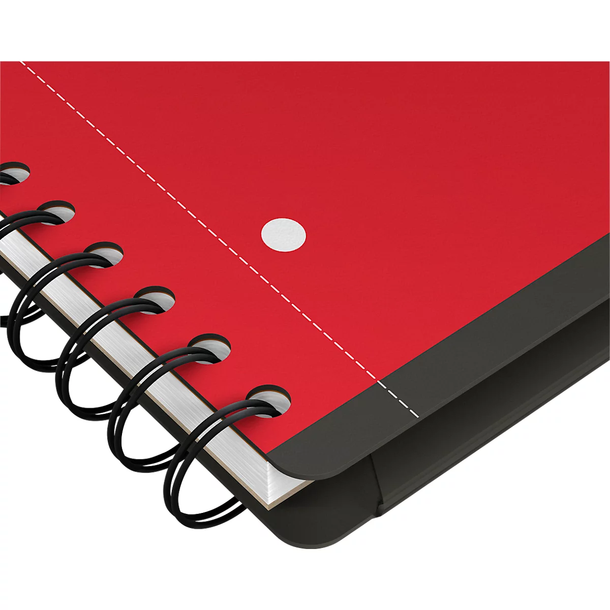 Gros plan sur un cahier à spirale rouge. Le papier est rouge, la reliure spirale est noire et la couverture également.