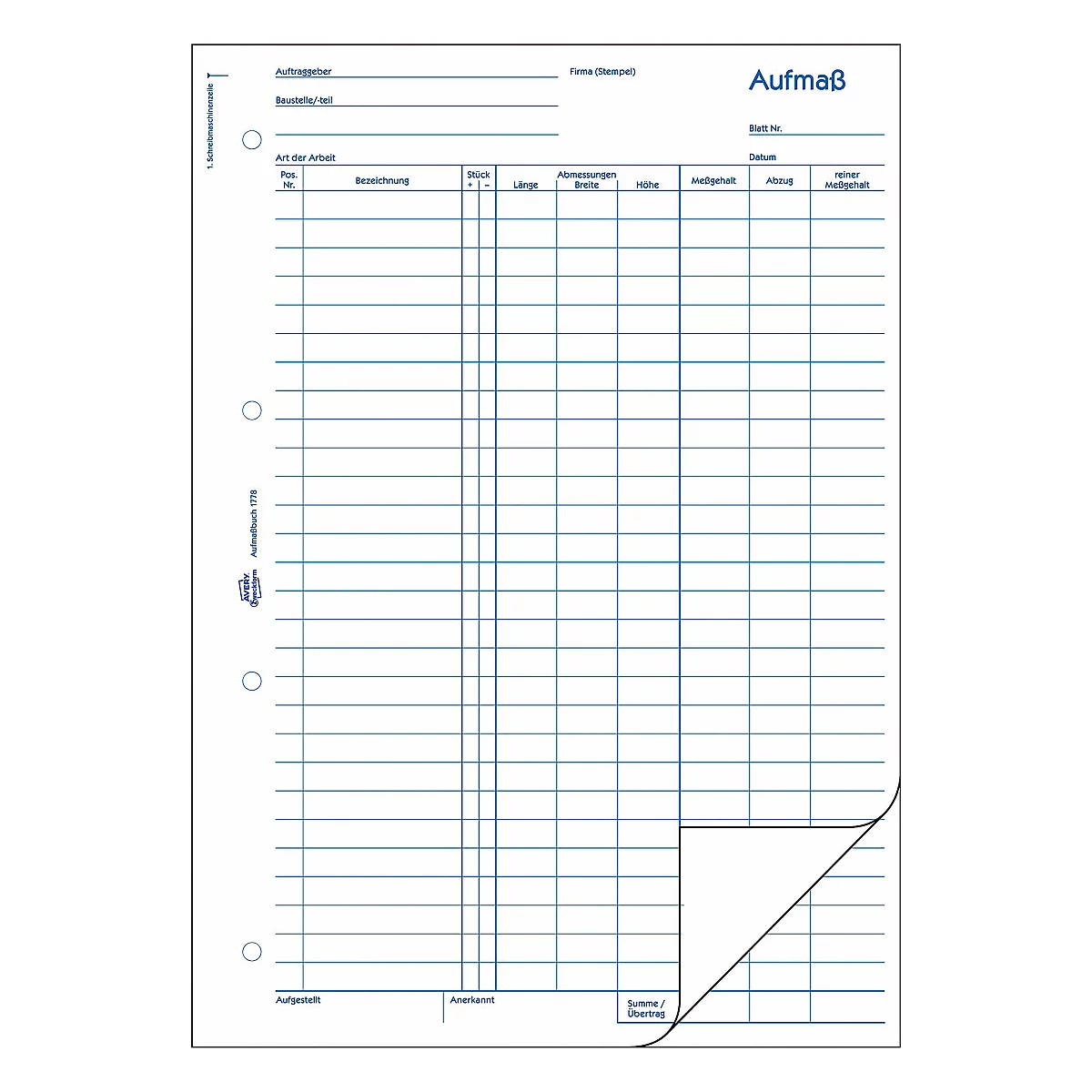 Carnet de prises de mesures n° 1778 AVERY® Zweckform