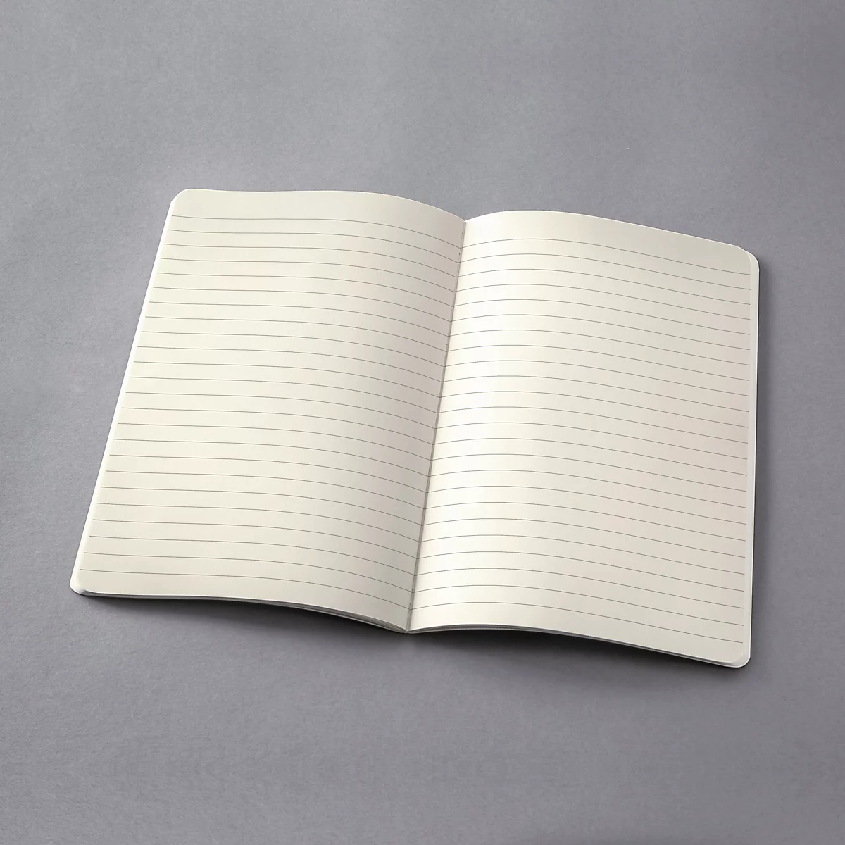 Cahier ligné ouvert sur fond gris.