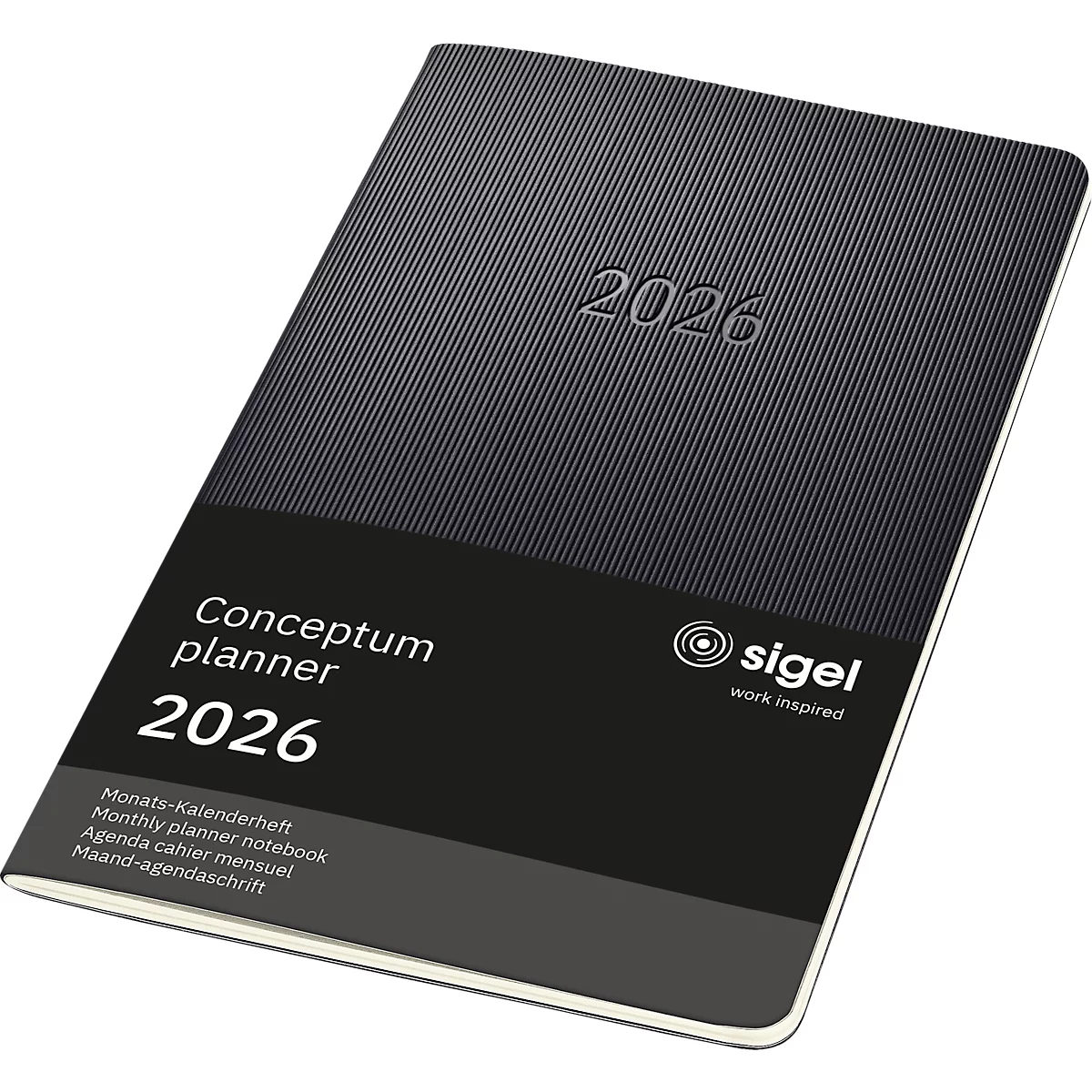 Carnet Conceptum planner 2026 noir, photographié en diagonale d'en haut. Impression "2026".