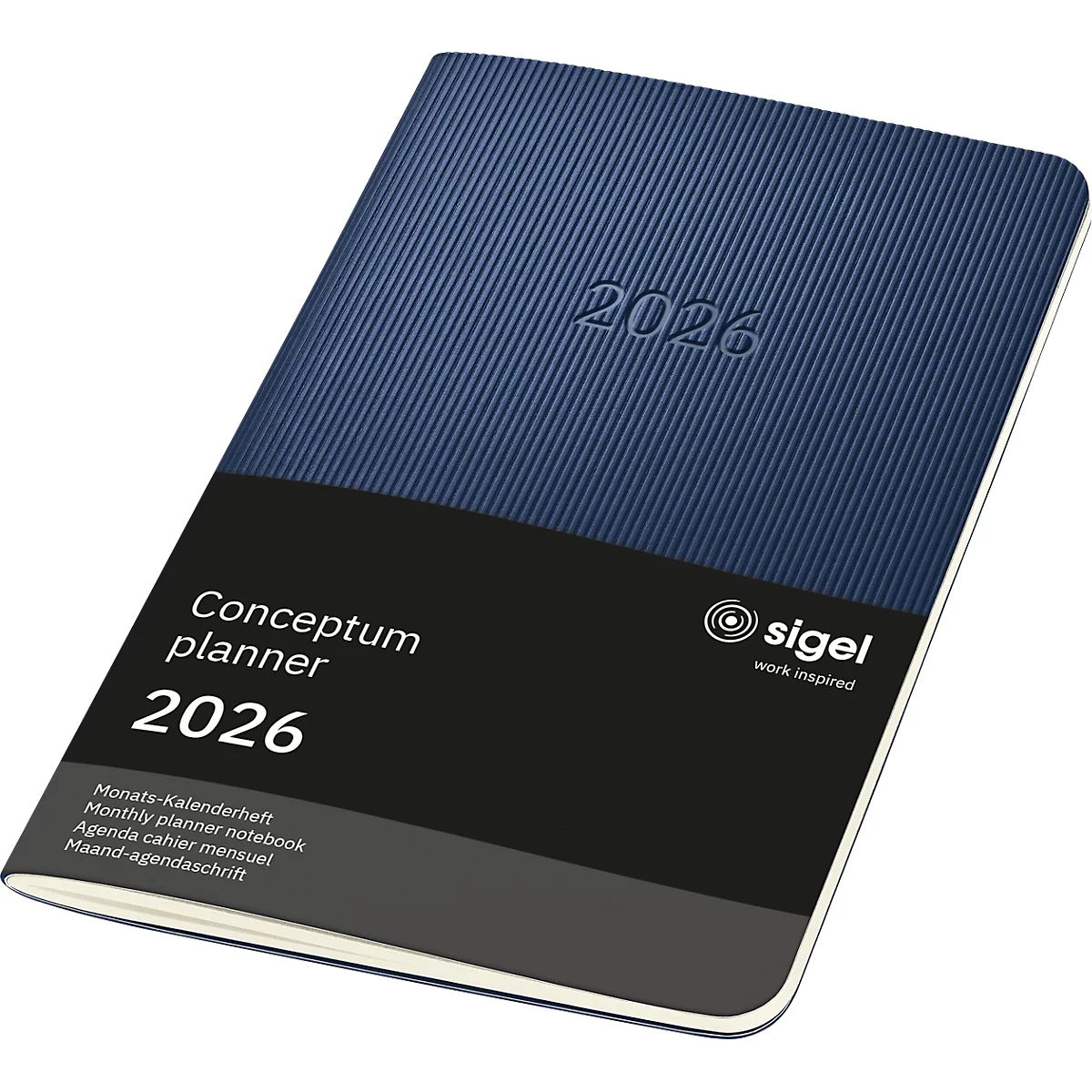 Agenda Conceptum bleue pour 2026 avec année en relief. Bande noire avec texte et logo.