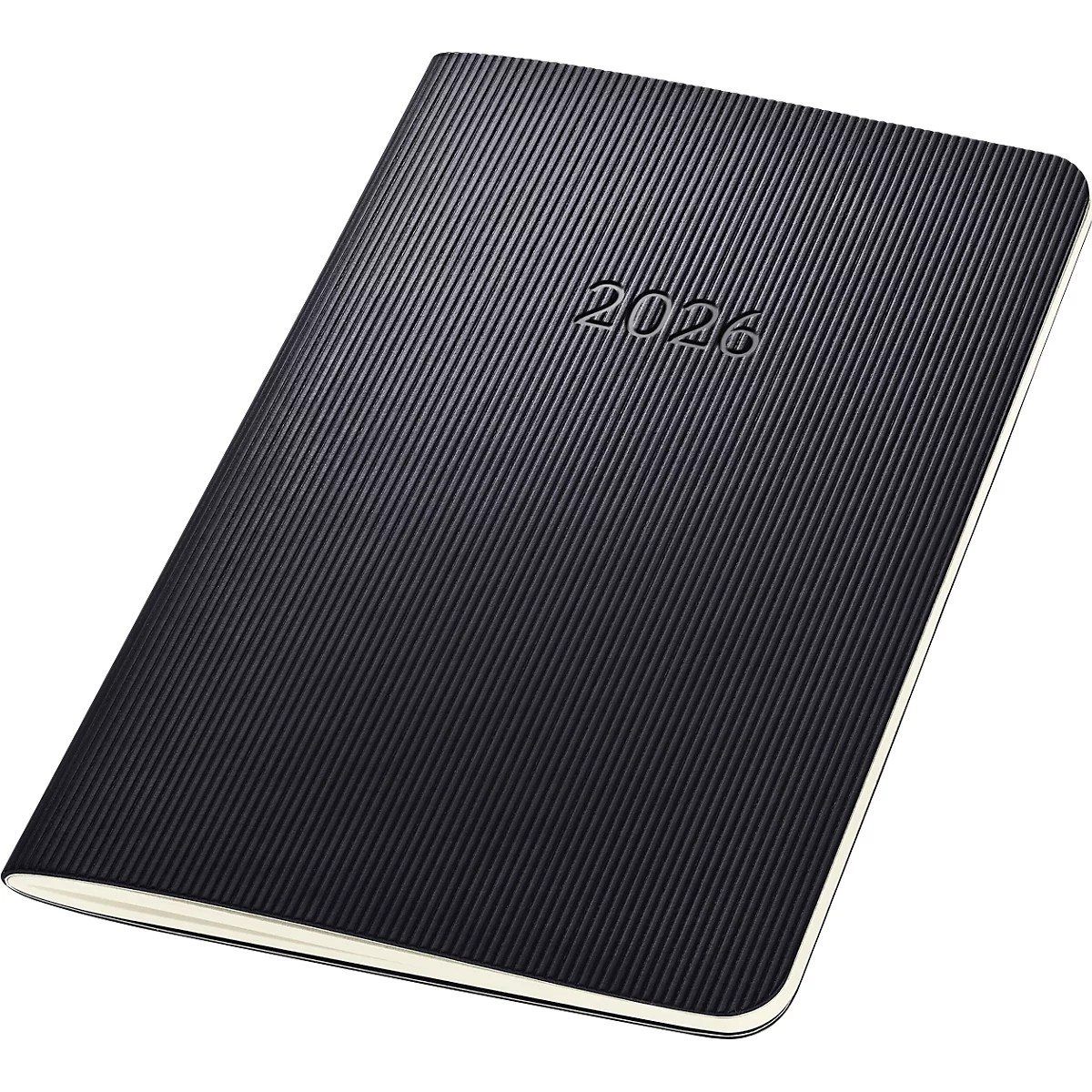 Cahier noir avec gaufrage 2026, surface côtelée.