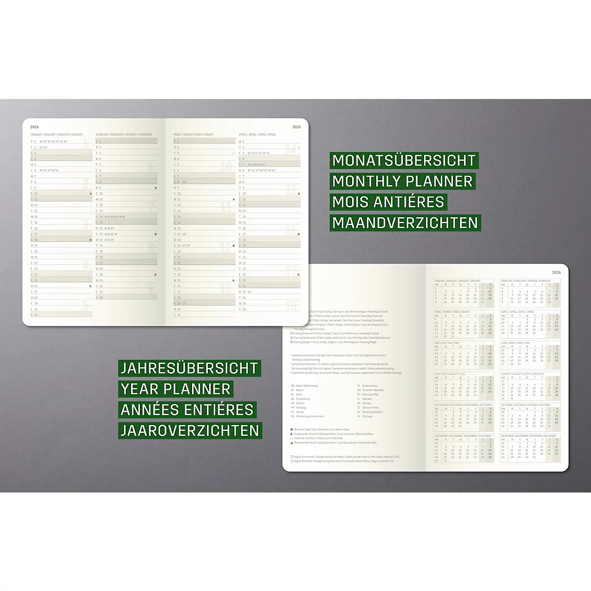Un carnet ouvert affiche des aperçus mensuels et annuels en différentes langues. Fond gris, texte vert.