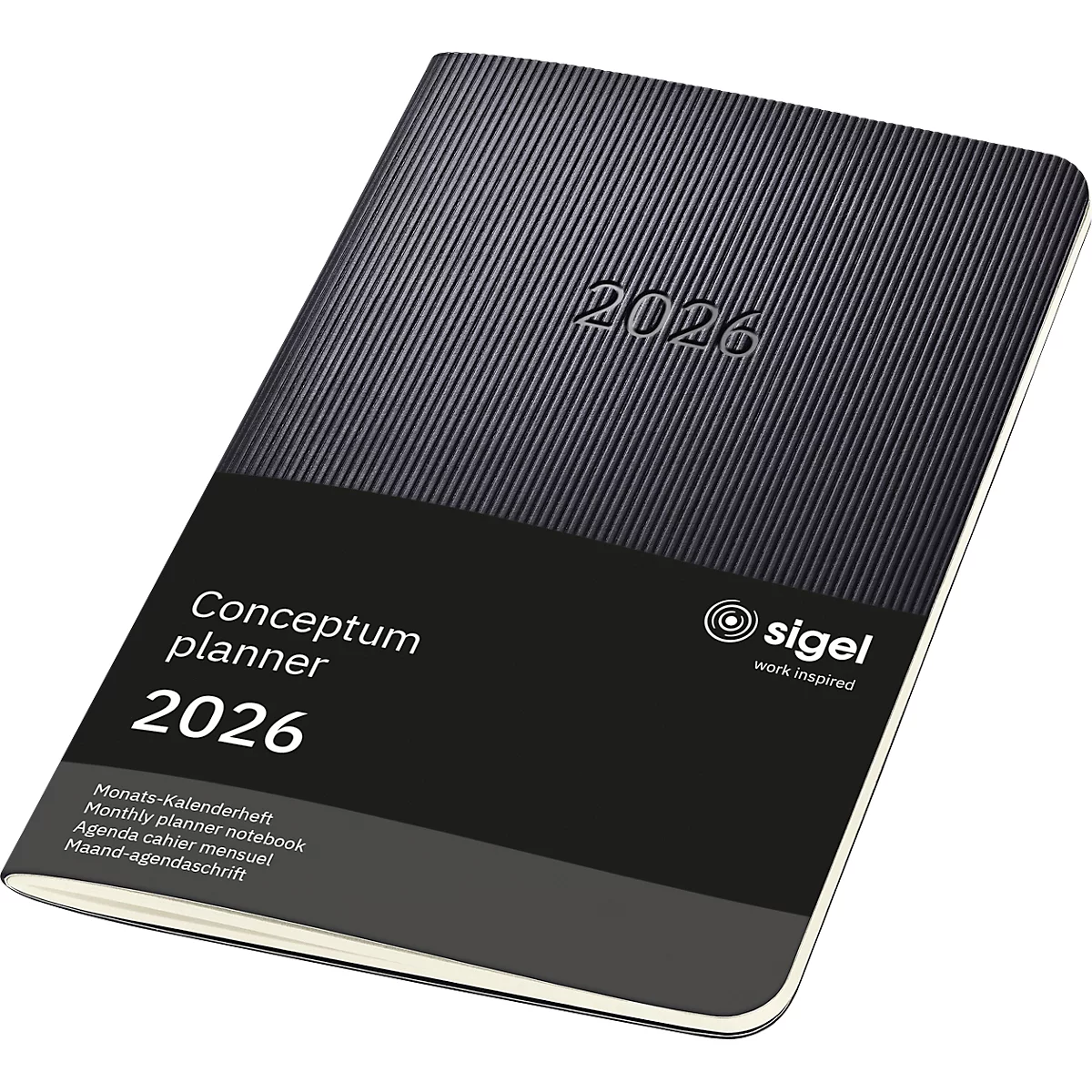 Agenda noire 2026 avec 'Conceptum planner' et logos 'sigel'.