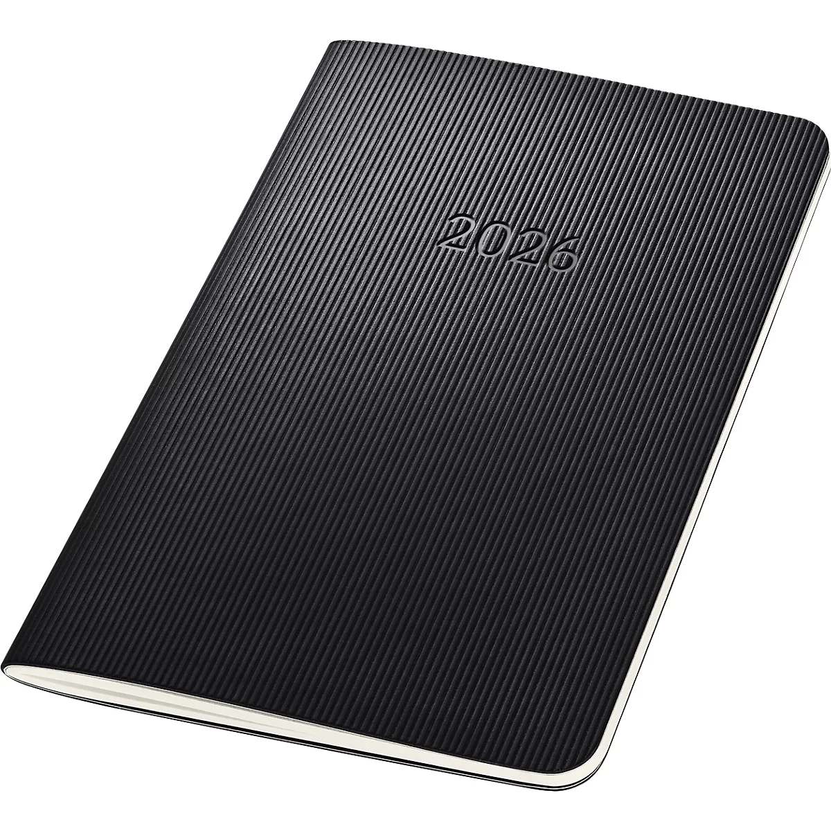 Cahier noir avec texture diagonale et l'année "2026" en relief.