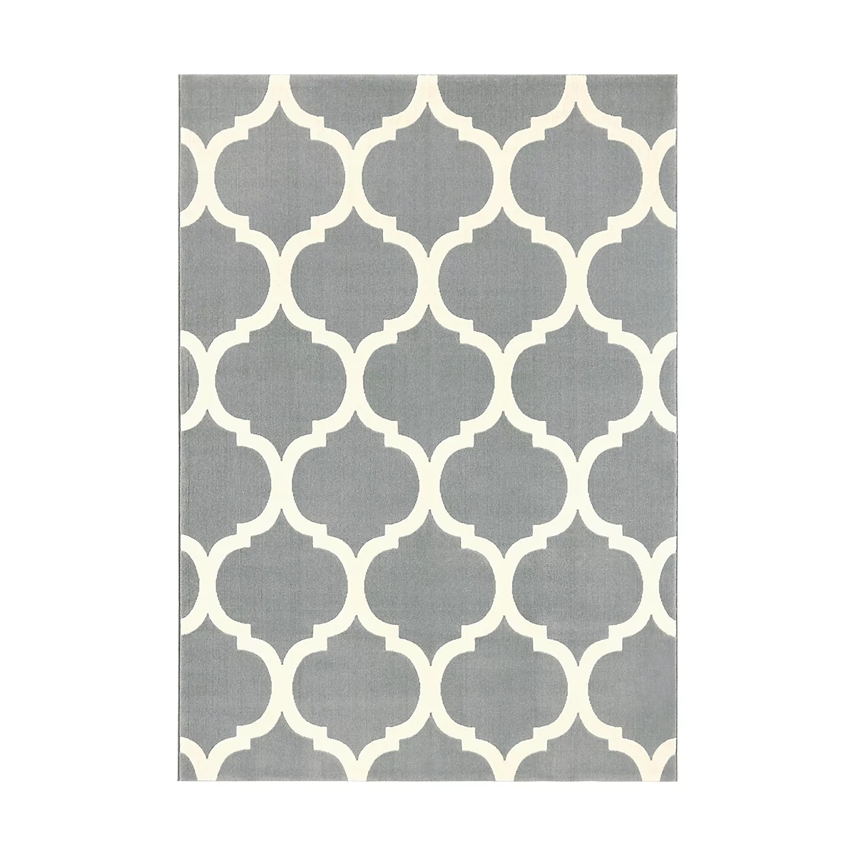 Gray carpet with a repeating white, arabesque-like pattern.