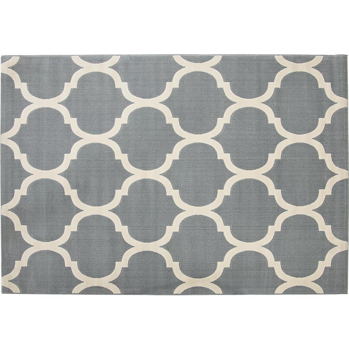 Blue rug with a white, repeating geometric pattern. Square shape, texture.