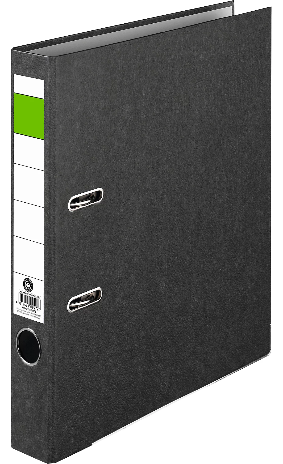 Carpeta barra verde, A4, ancho del lomo 50 mm, mecanismo de calidad, agujero de agarre y etiqueta trasera pegada, cartón duro reciclado negro jaspeado, 1 unidad.