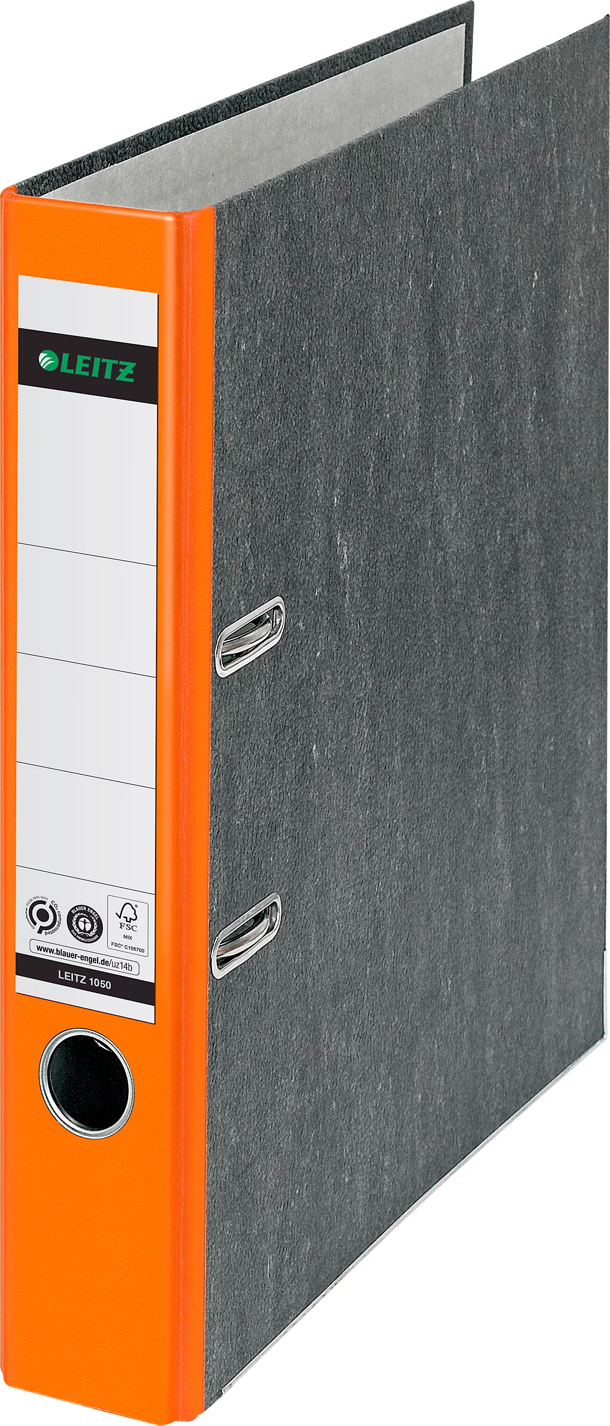 Carpeta LEITZ® 1050, DIN A4, ancho de lomo 52 mm, agujero para los dedos, etiqueta de lomo pegada, clima neutro, cartón duro, 1 unidad, naranja