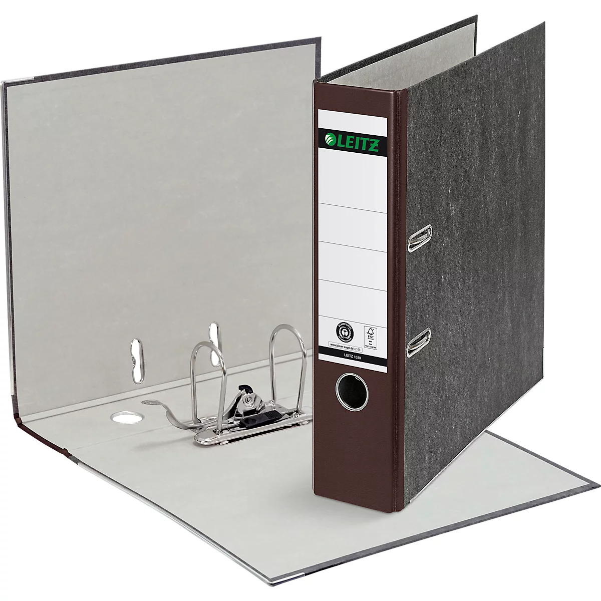 Carpeta LEITZ® 1080, DIN A4, ancho de lomo 80 mm, agujero de agarre, etiqueta de lomo pegada, cartón duro, 1 unidad, marrón