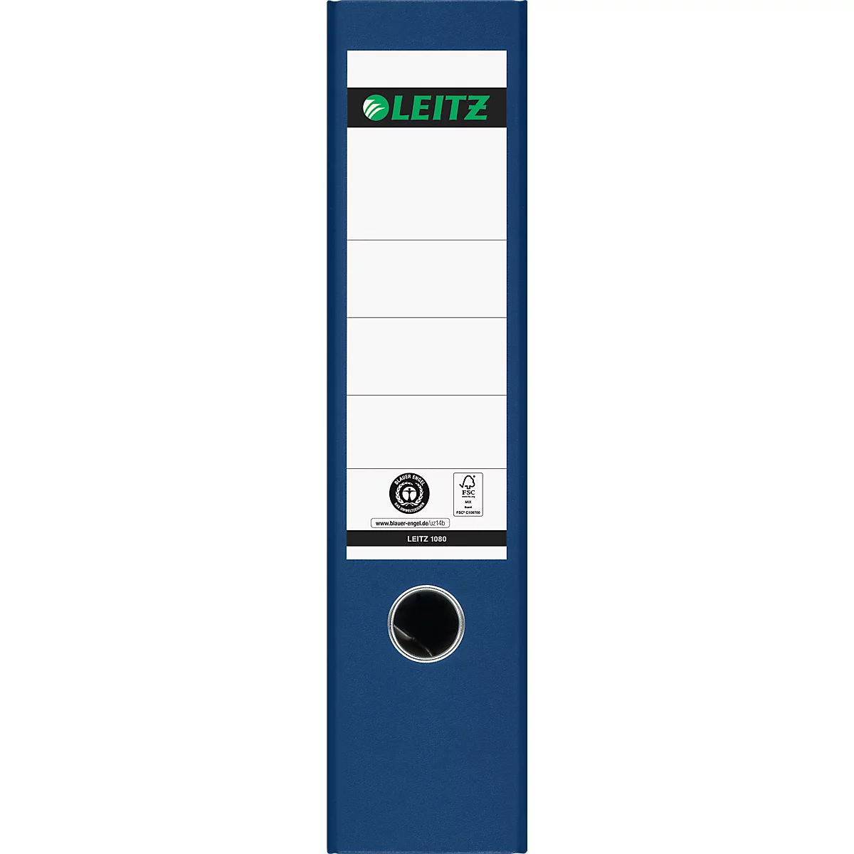 Carpeta LEITZ® 1080, DIN A4, ancho de lomo 80 mm, agujero de agarre, etiqueta de lomo pegada, cartón duro, 20 unidades, azul