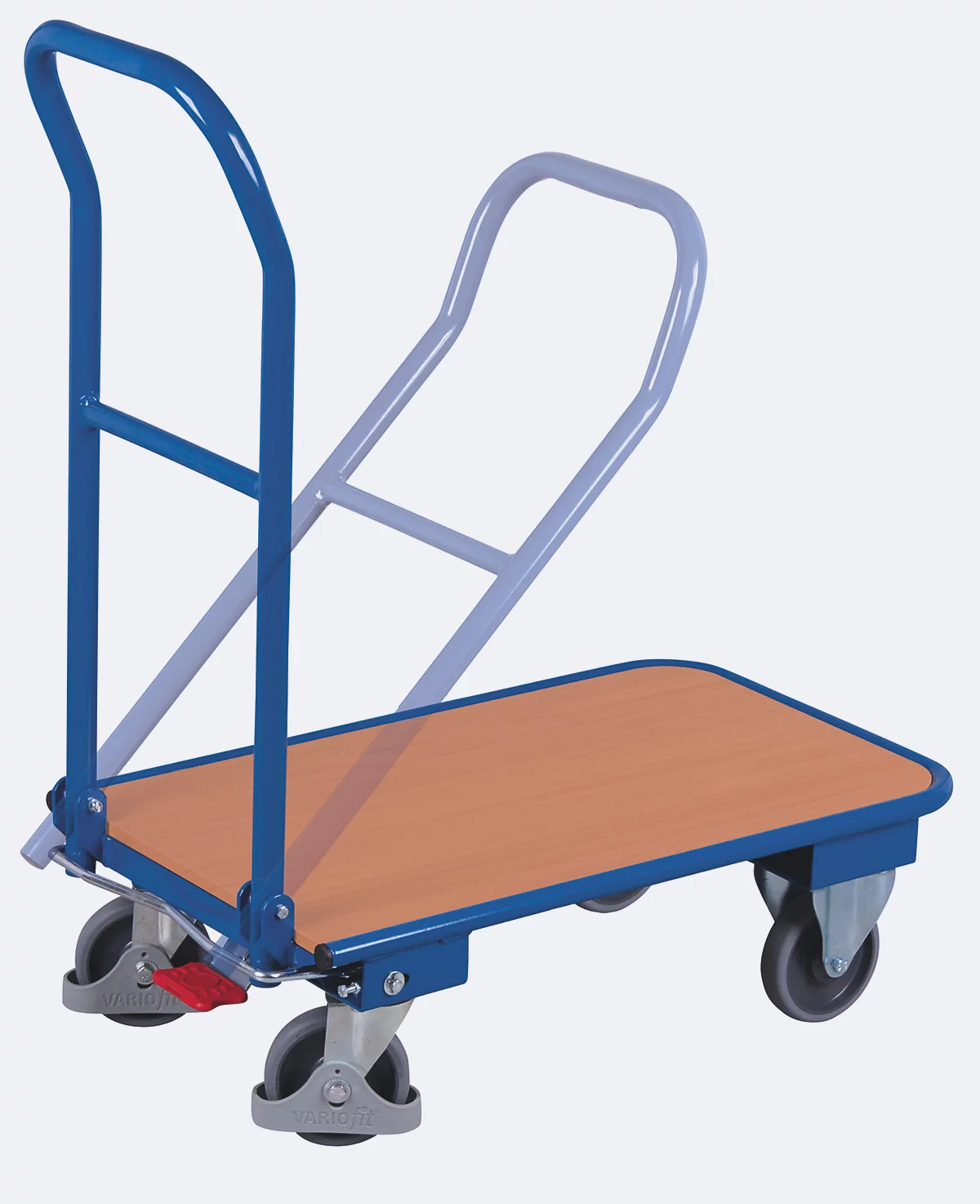 Carretilla de plataforma con asa plegable, L 720 x A 450 mm, capacidad de carga 150 kg, tablero de acero/MDF, decoración azul claro/haya teñida