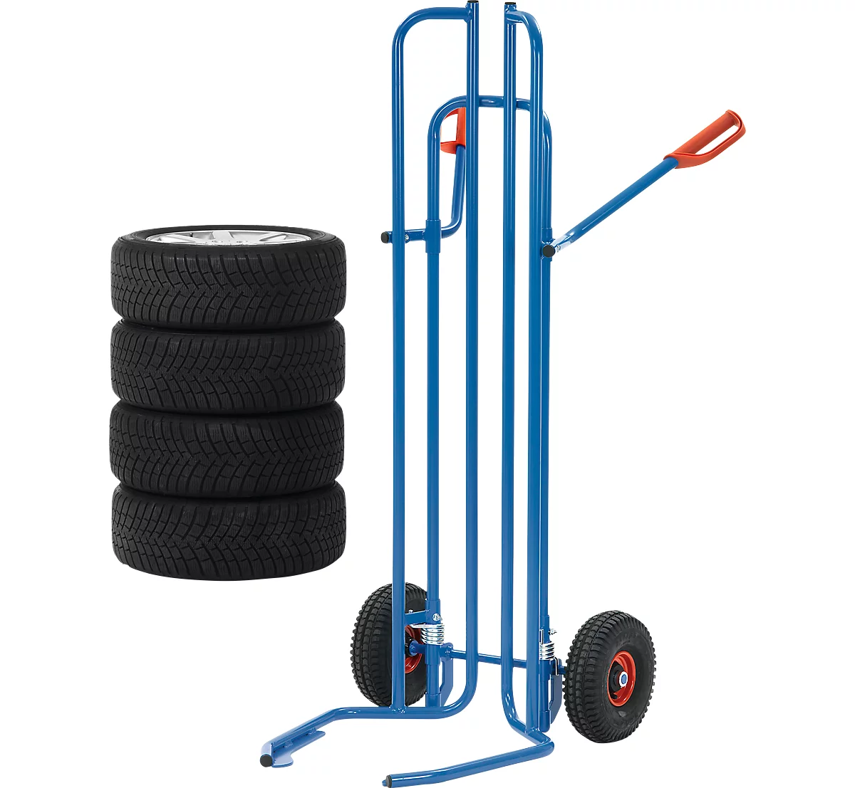 Carretilla para neumáticos, tubo de acero, para 8 neumáticos, ø 450-750 mm, hasta 200 kg, ruedas neumáticas, azul brillante (RAL 5007)