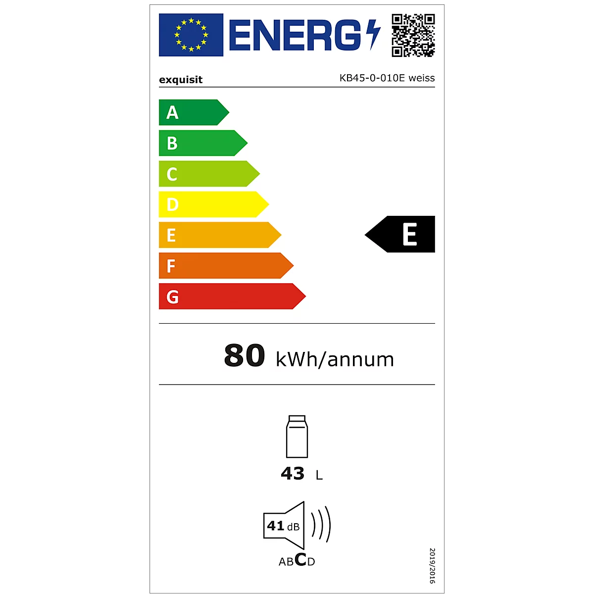 Etiqueta energética del frigorífico: Clase de eficiencia energética E, 80 kWh/año, capacidad de 43L, 41 dB(C).