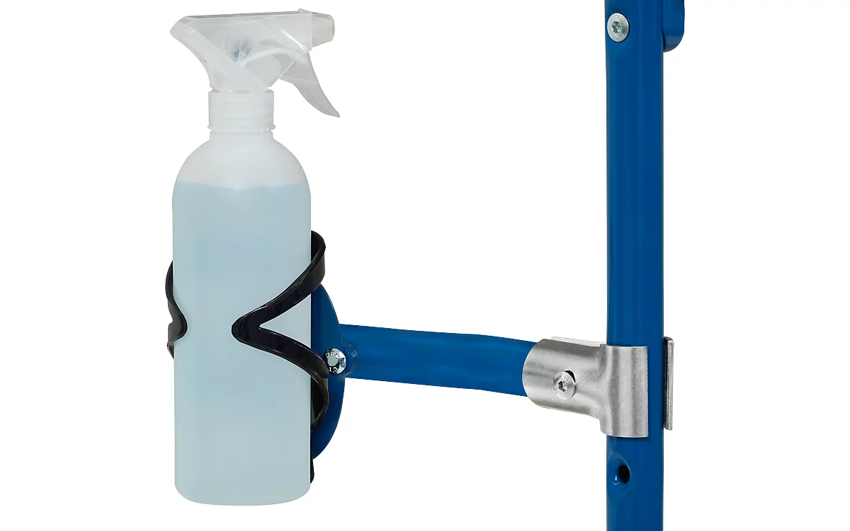 Carrito de transporte con mesa, 2 niveles, con marco para protección contra infecciones y 2 soportes para botellas de desinfectante/botellas pulv., RAL 5007