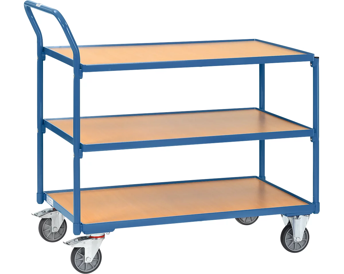 Carrito de transporte con mesa, 3 niveles, acero/madera, azul-haya, An 1000 x P 600 mm, hasta 300 kg, ruedas TPE