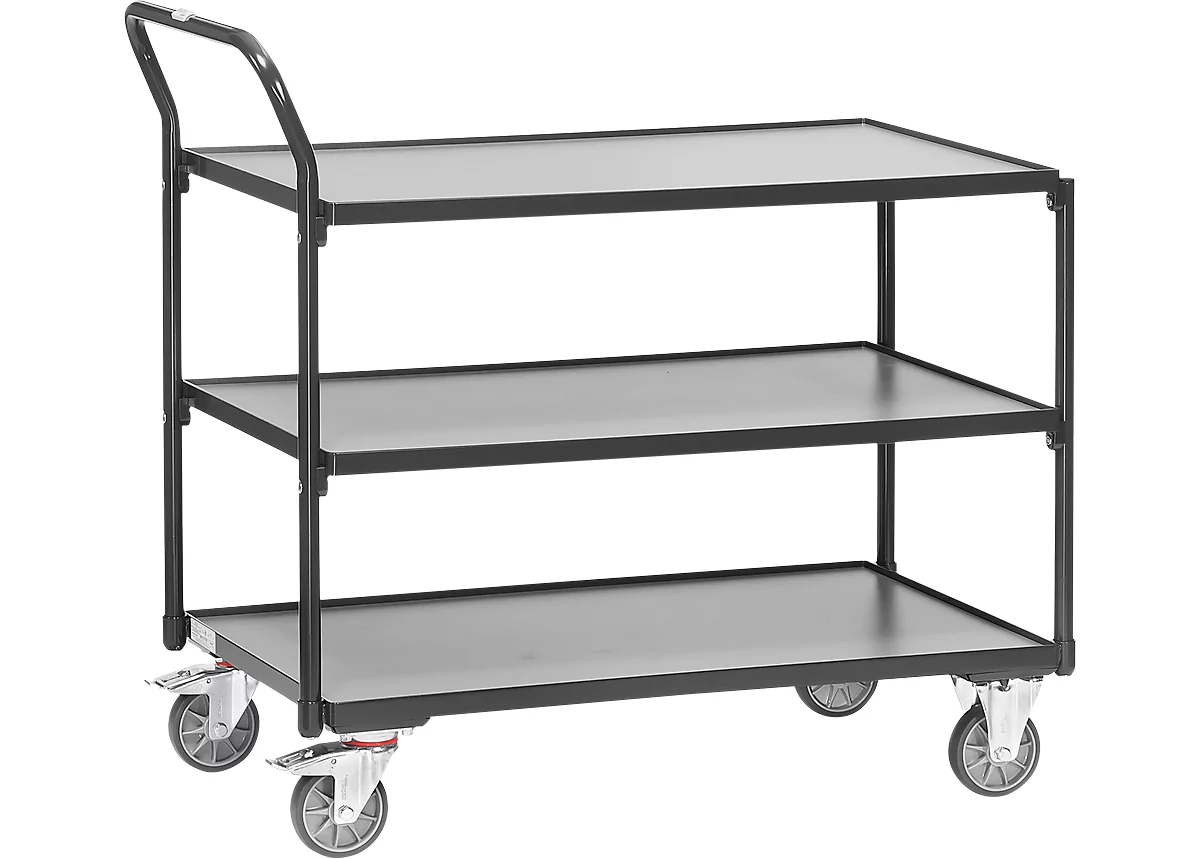 Carrito de transporte con mesa, 3 niveles, acero/madera, gris antracita, An 1000 x P 600 mm, hasta 300 kg, ruedas TPE