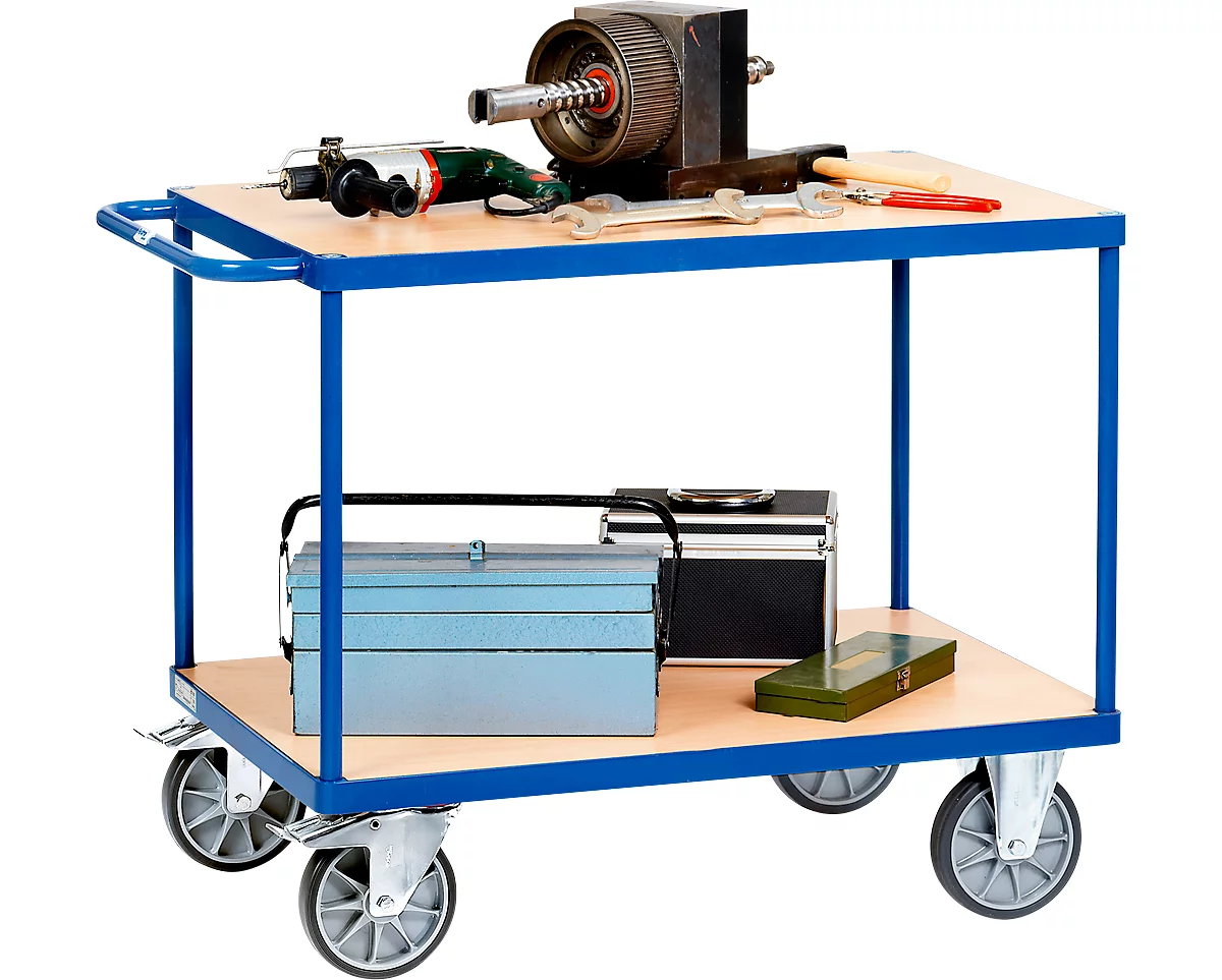Carrito de transporte con mesa, acero/madera, 2 niveles, L 1000 x An 600 mm, hasta 600 kg, azul brillante/acabado en haya