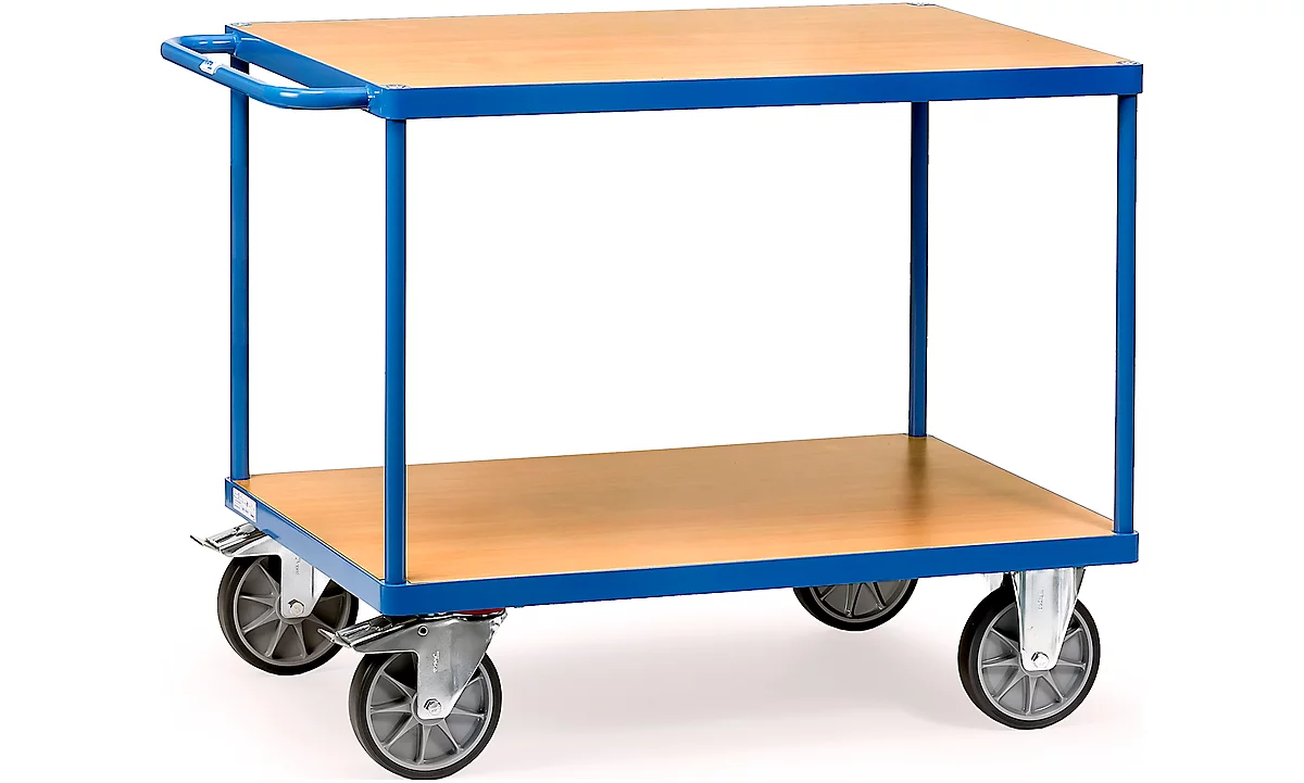Carrito de transporte con mesa, acero/madera, 2 niveles, L 1000 x An 700 mm, hasta 600 kg, azul brillante/acabado en haya