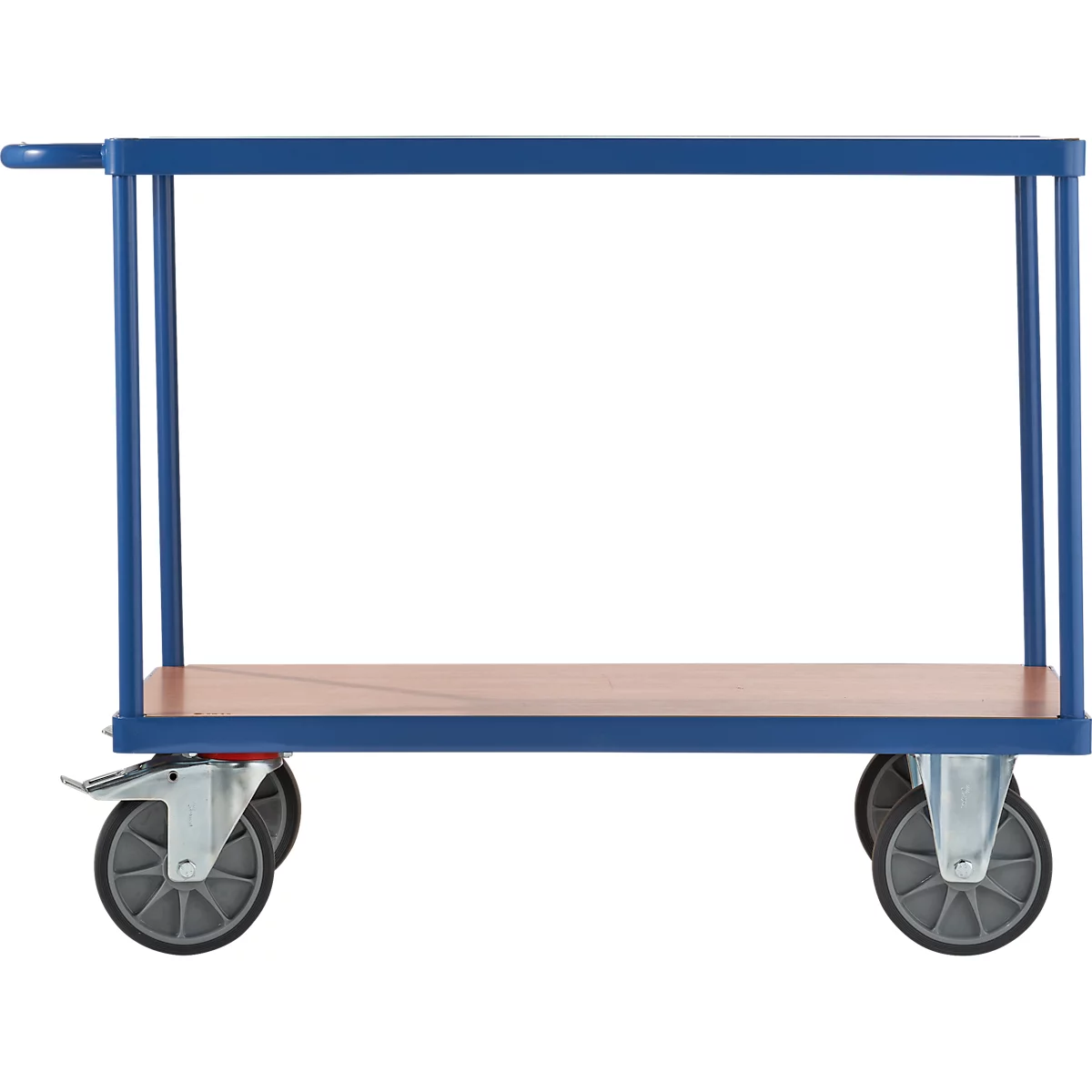 Carrito de transporte con mesa, acero/madera, 2 niveles, L 1000 x An 700 mm, hasta 600 kg, azul brillante/acabado en haya