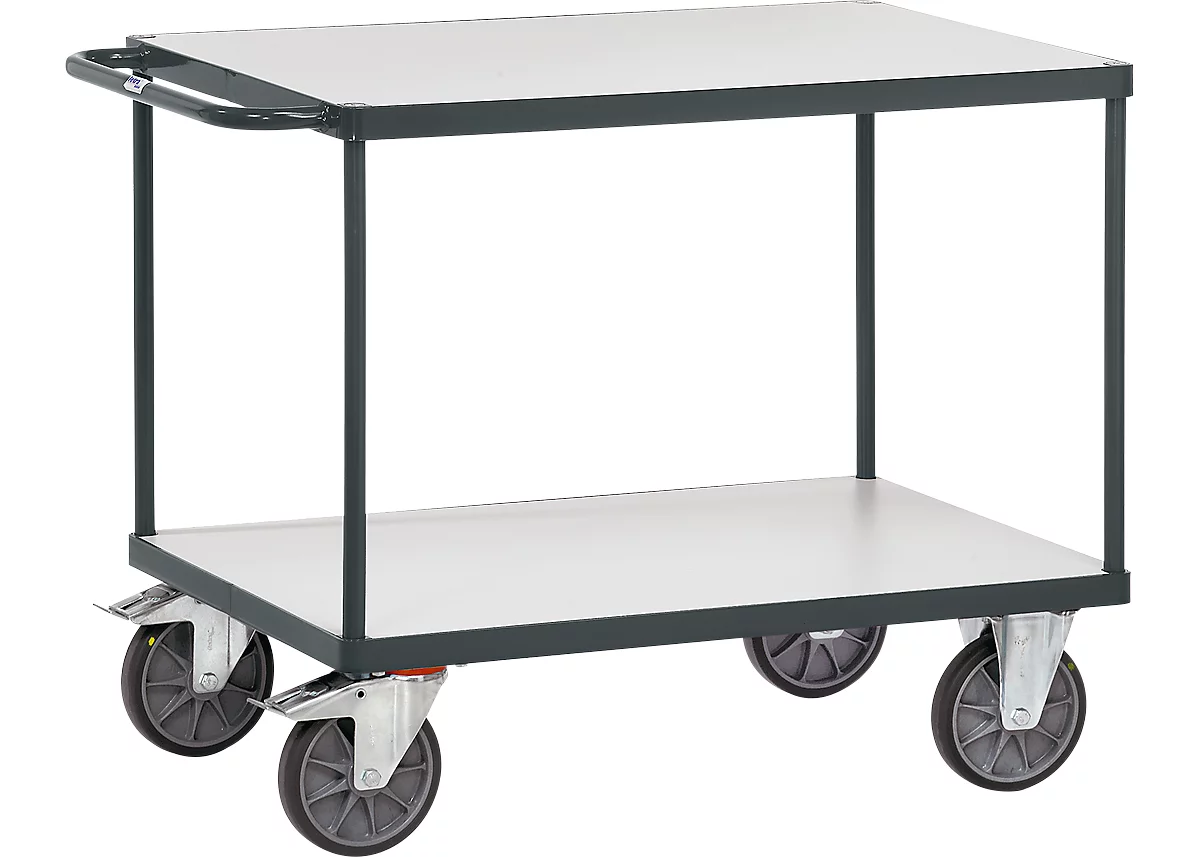 Carrito de transporte con mesa ESD, 2 niveles, 1000 x 600 mm, hasta 600 kg, acero/madera, gris pizarra