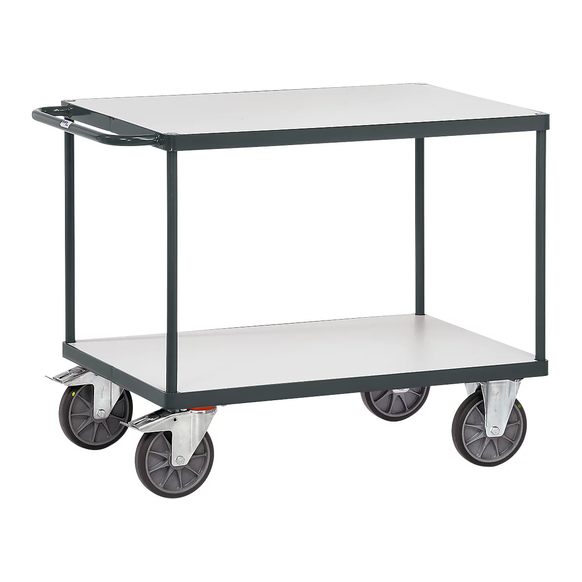 Carrito de transporte con mesa ESD, 2 niveles, 1000 x 600 mm, hasta 600 kg, acero/madera, gris pizarra