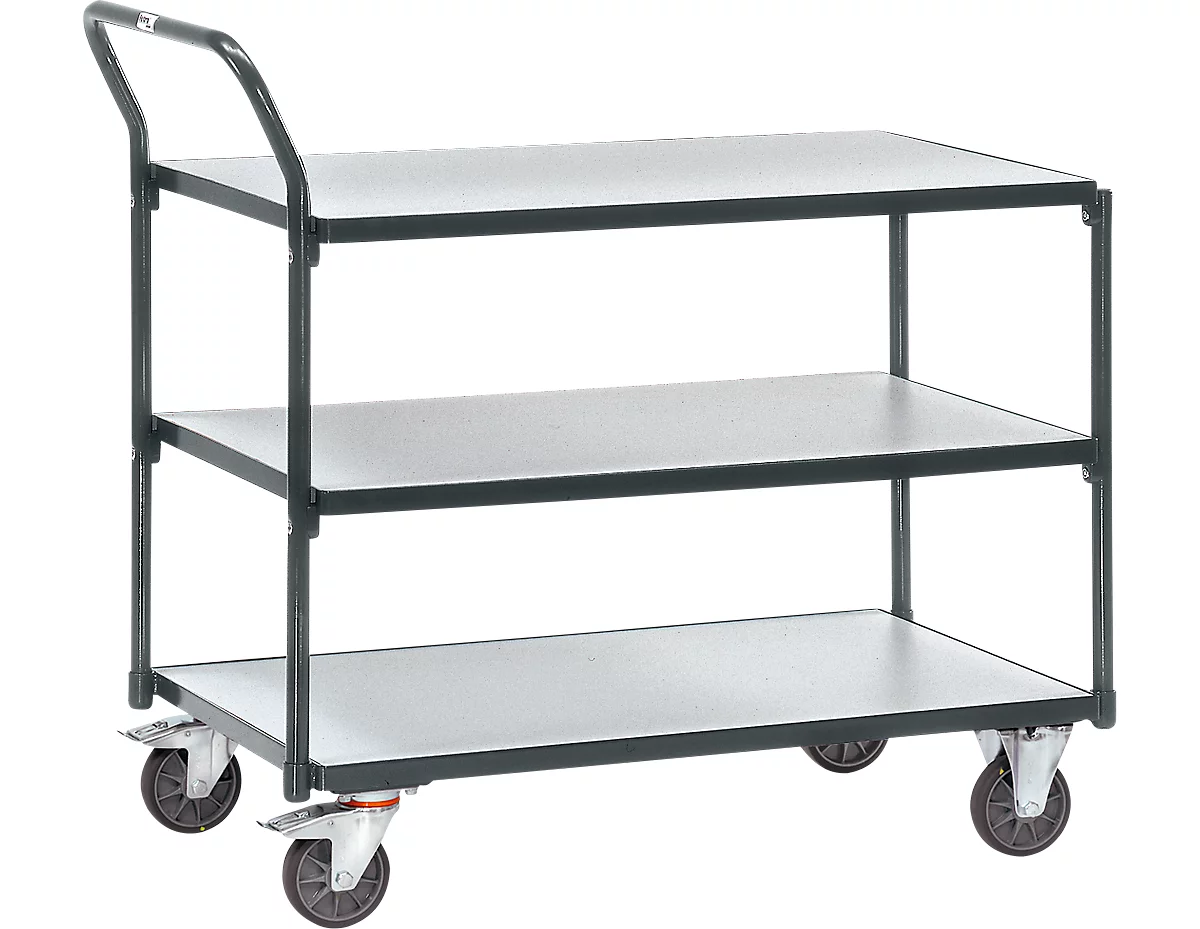 Carrito de transporte con mesa ESD, 3 niveles, L 1000 x An 600 mm, hasta 300 kg, acero/madera, gris pizarra
