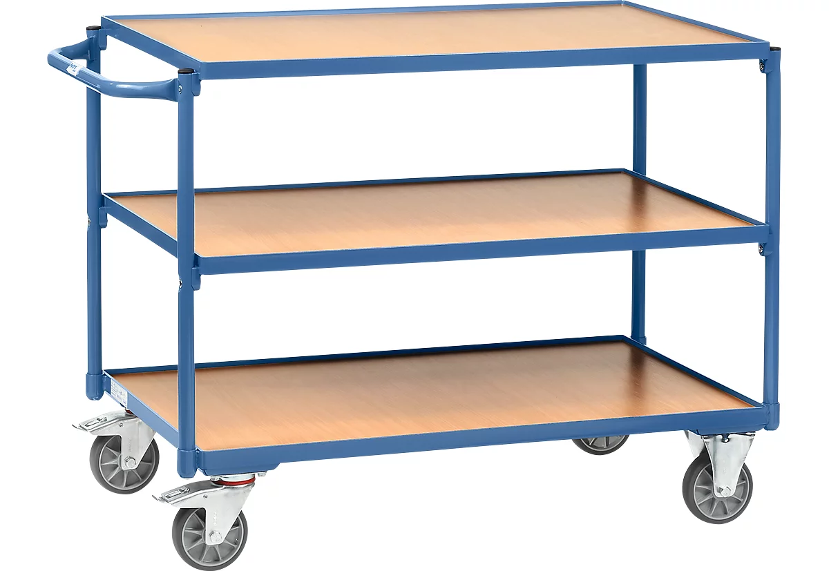 Carrito de transporte con mesa, ligero, 3 niveles, L 850 x An 500 mm, hasta 300 kg, acero/madera, azul/haya